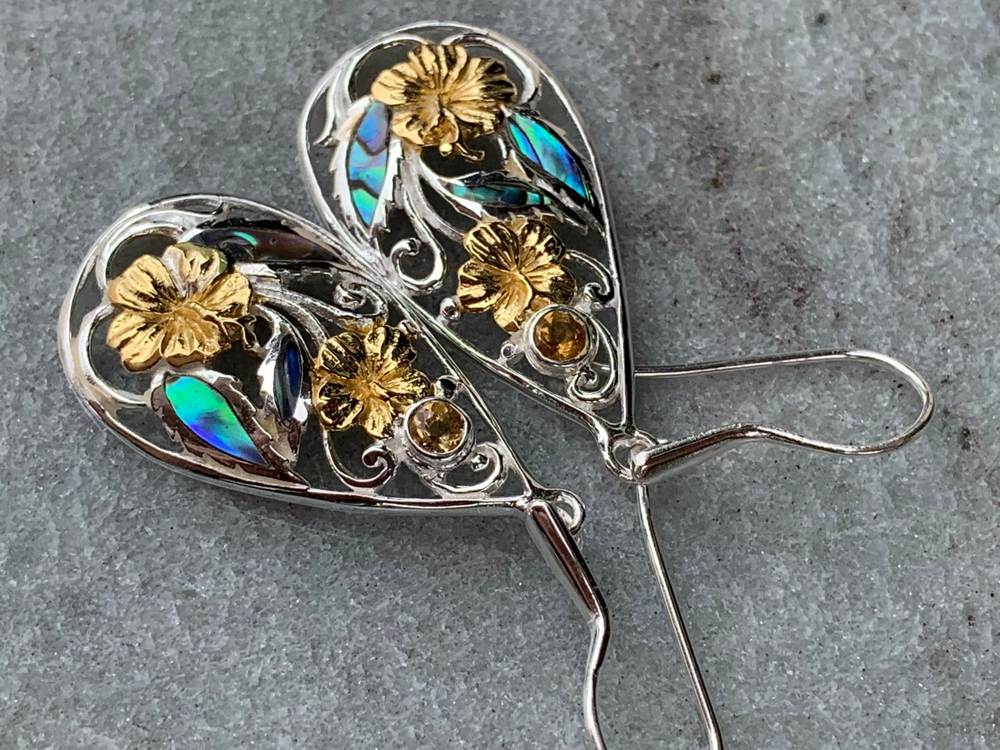 Hibiscus Flower Citrine Silver Gold Abalone Shell Earrings