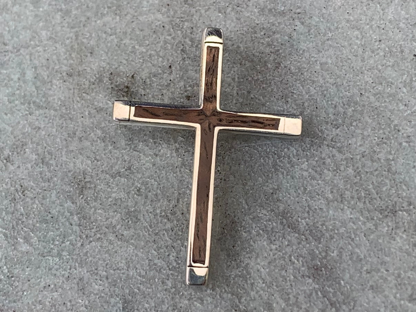 Cross Necklace Pendant. Sterling Silver, Hawaiian Koa Wood.