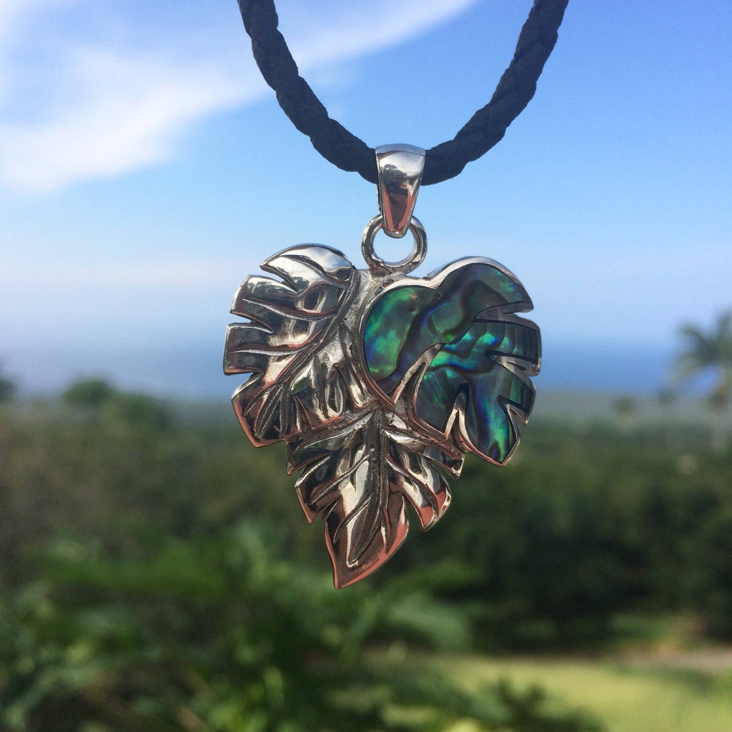 Monstera Leaf Flower Pendant Necklace | Paua Abalone Shell | Sterling Silver | Gift | Jewelry | Handmade | Unique