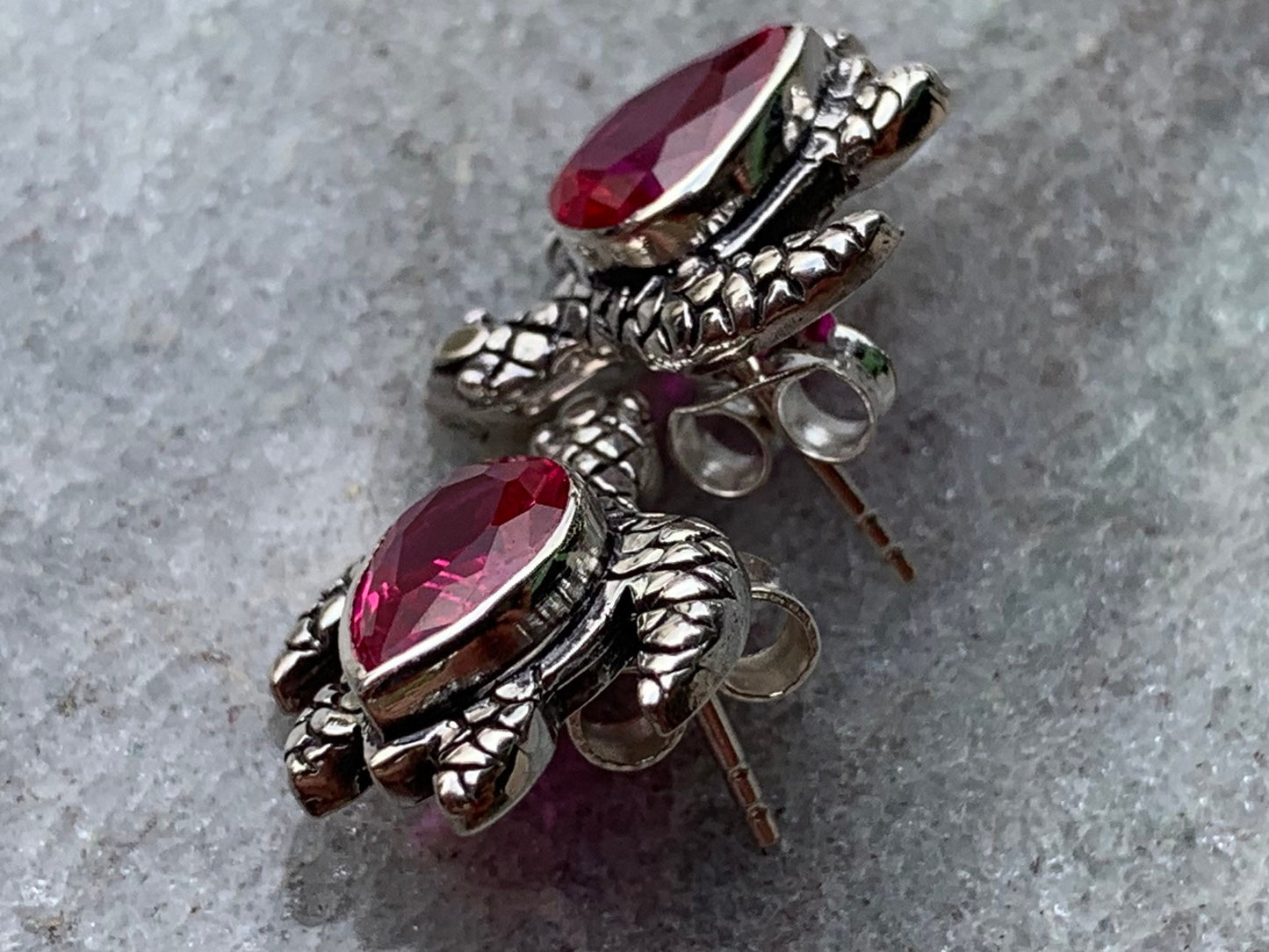 Ruby turtle earrings studs. Sterling silver.