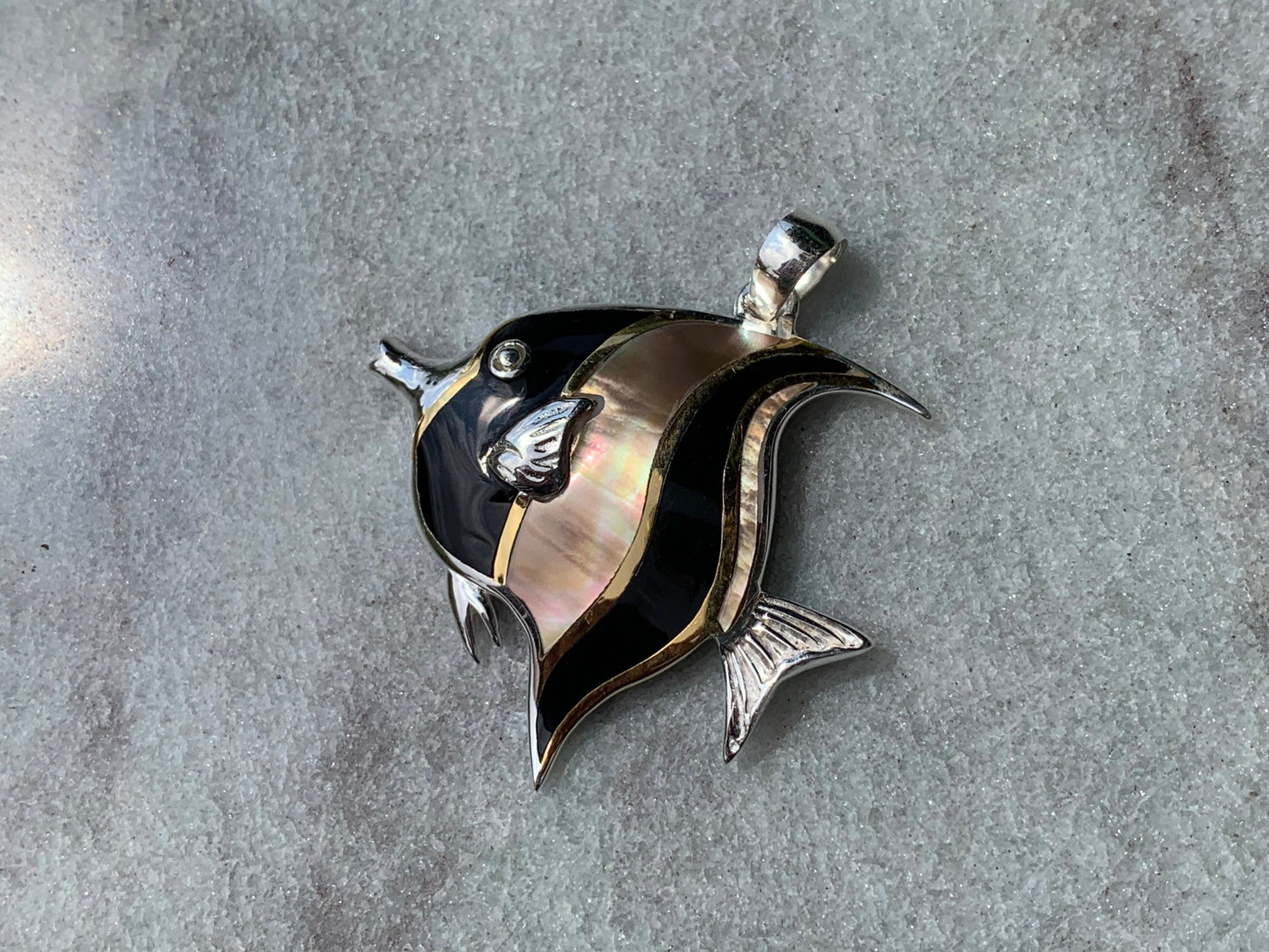 Fish Moorish Idol Hawaiian Tropical Pendant Necklace. Sterling Silver, Mother of Pearl.