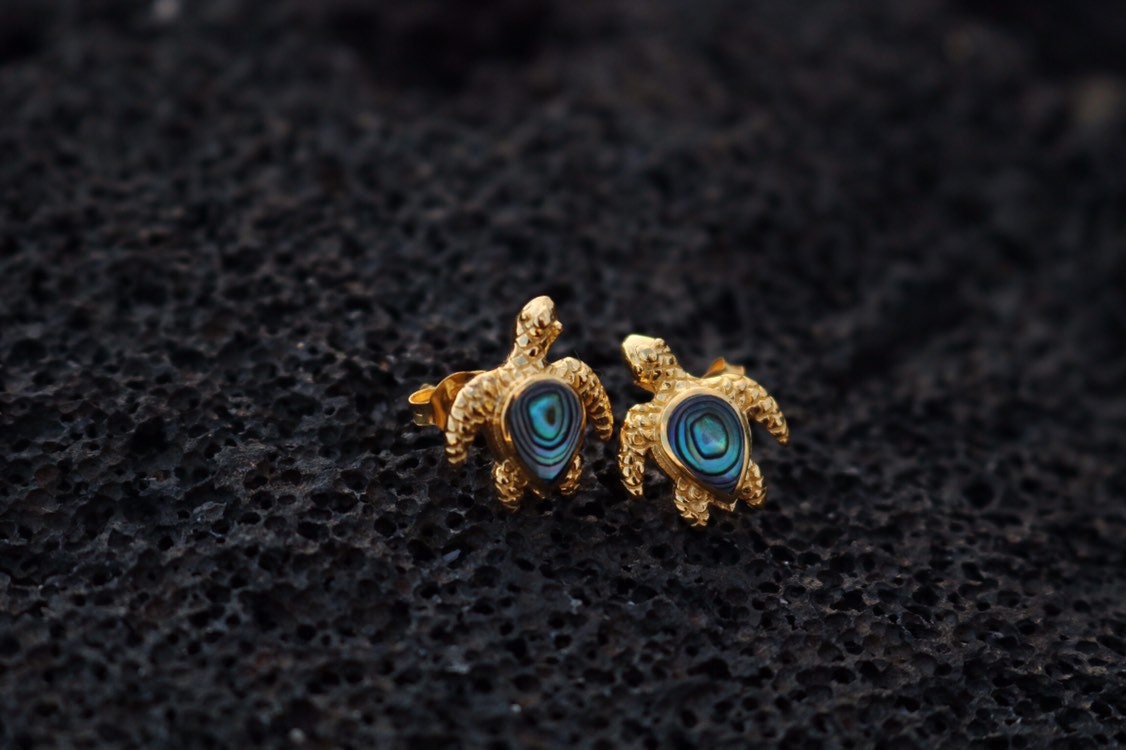 18K Vermeil Turtle Earrings Studs. Abalone Shell.