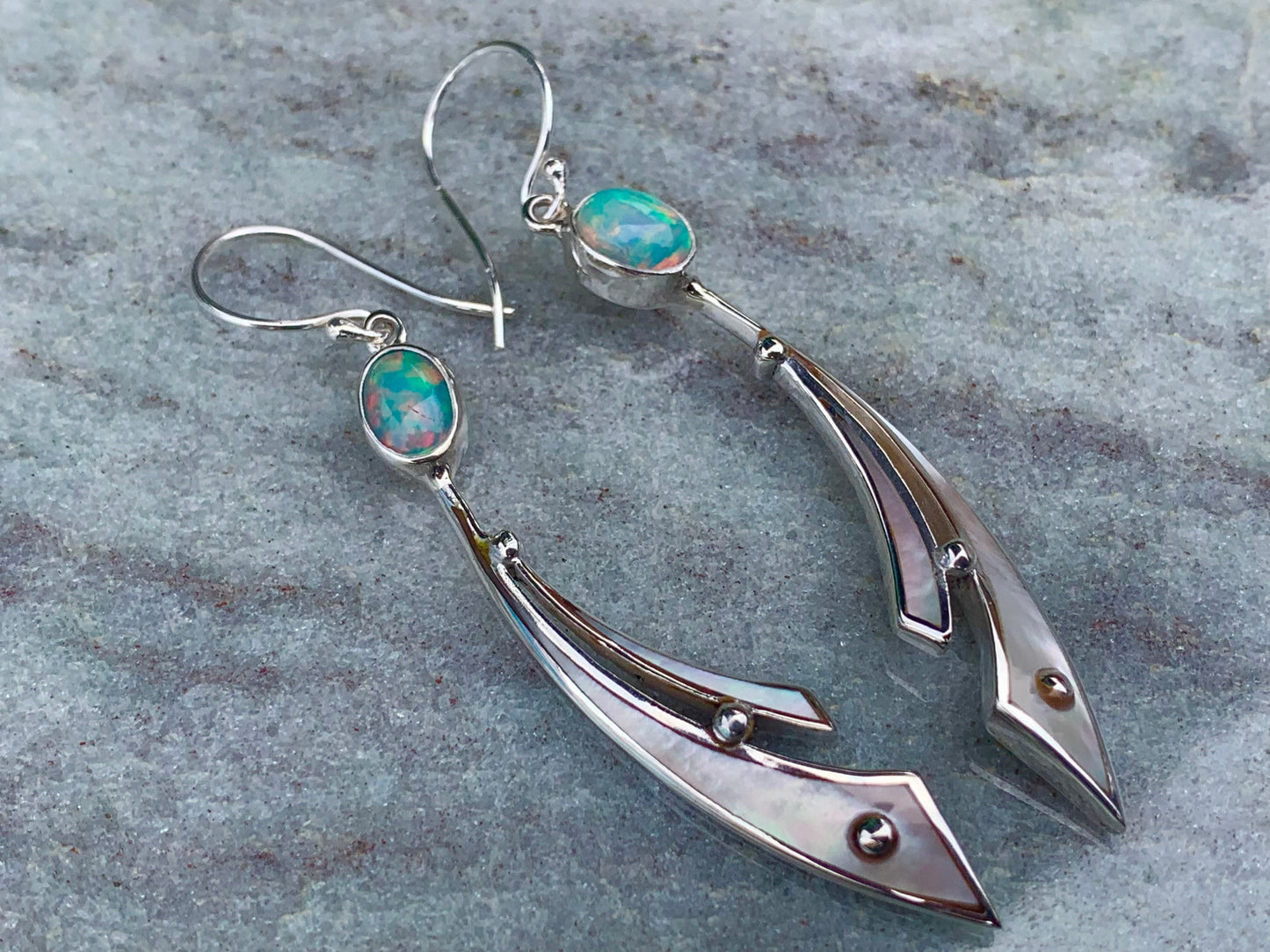 Opal Ocean Wave Earrings. Mother of Pearl, Sterling Silver.