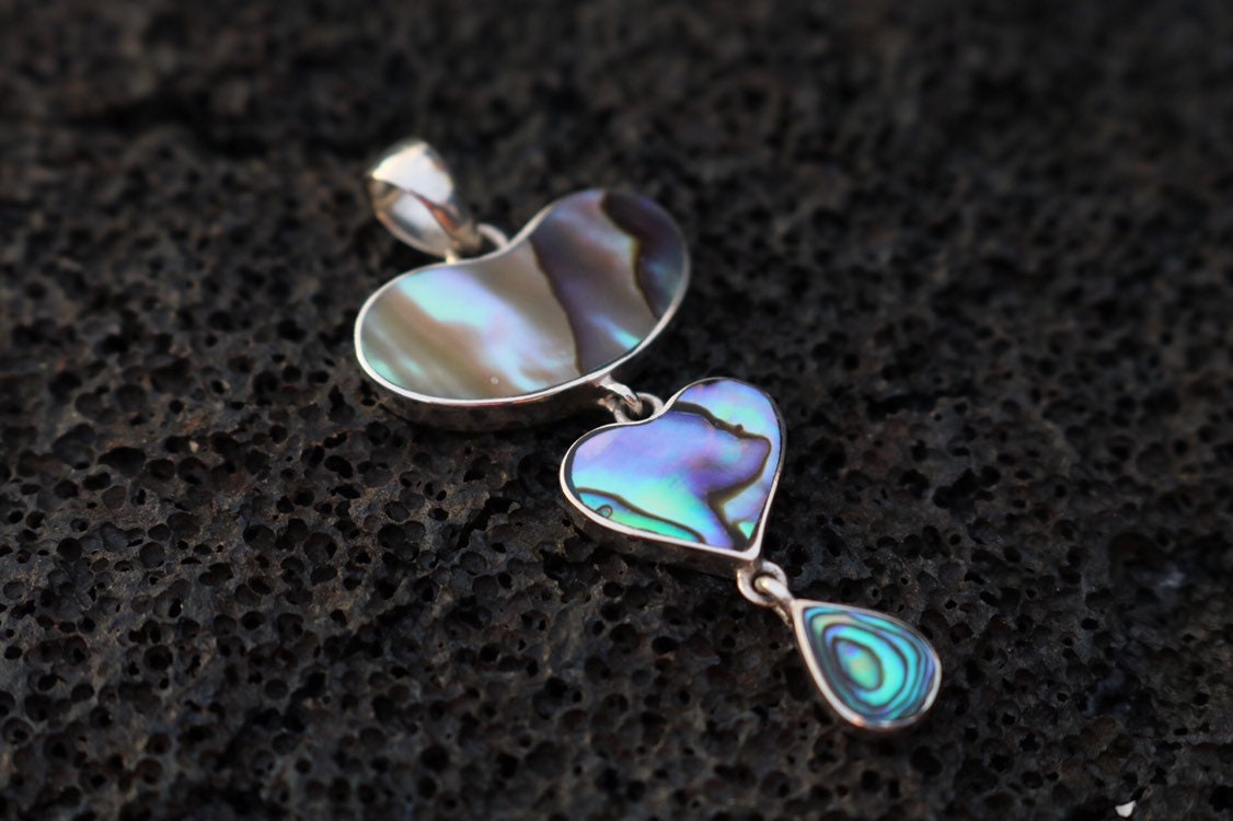 Teardrop Heart Necklace Pendant. Sterling Silver, Abalone Shell.