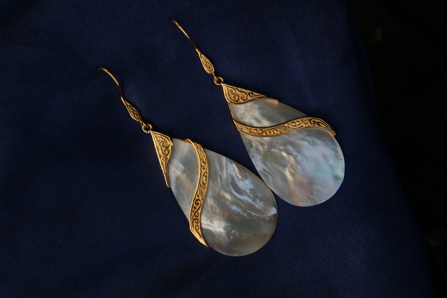 18K Gold Vermeil Mother of Pearl Teardrop Earrings Double Tribal Design. Sterling Silver.