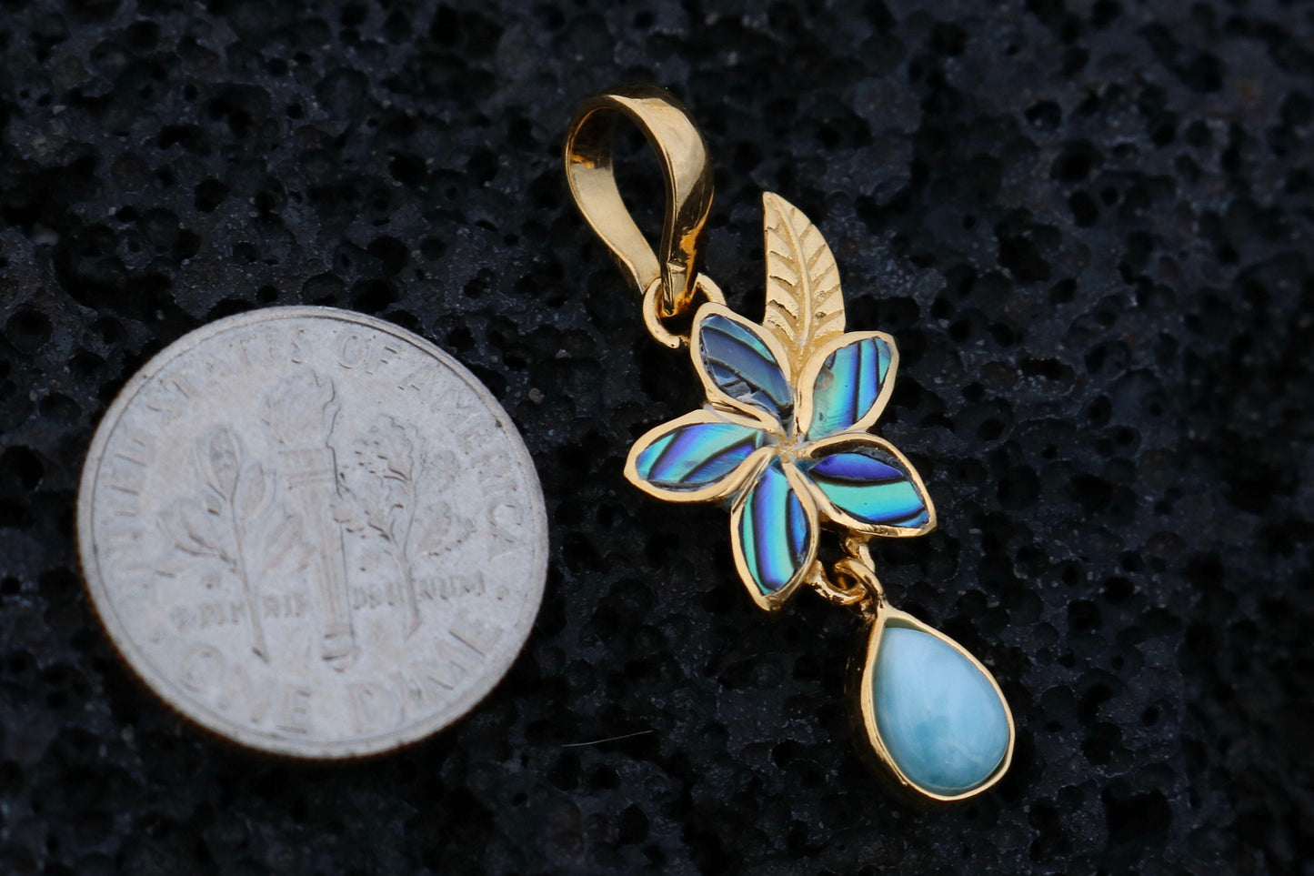 18K Gold Vermeil Charm Plumeria Flower Larimar Teardrop Pendant Necklace.