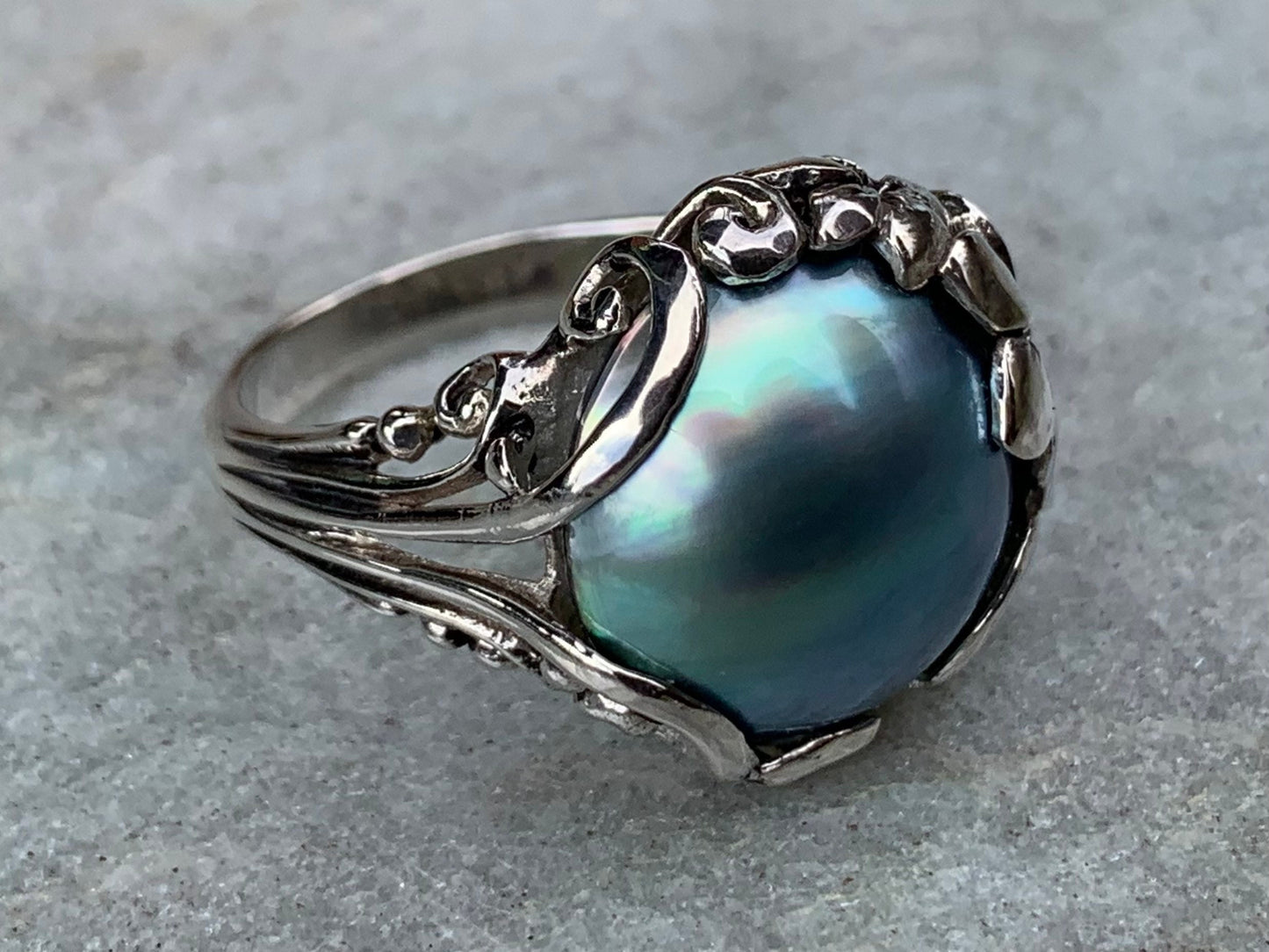 Blue Mabe Pearl Plumeria Flower Silver Ring