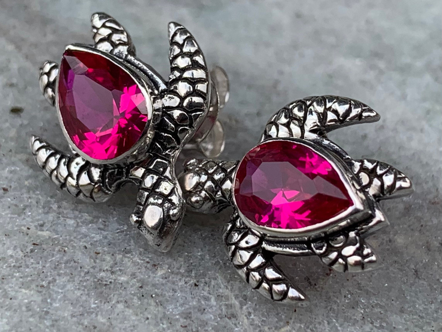 Ruby turtle earrings studs. Sterling silver.