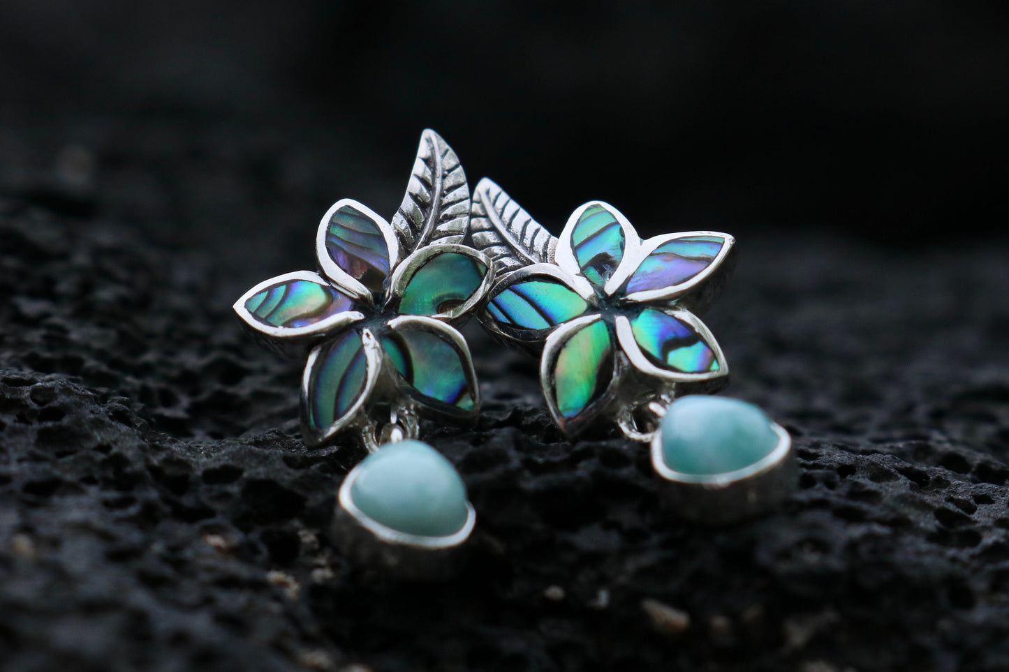 Plumeria Flower Larimar Abalone Shell Stud Earrings. Sterling Silver.