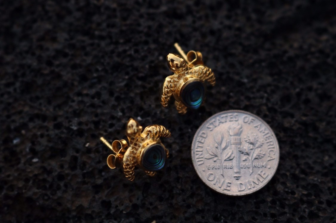 18K Vermeil Turtle Earrings Studs. Abalone Shell.