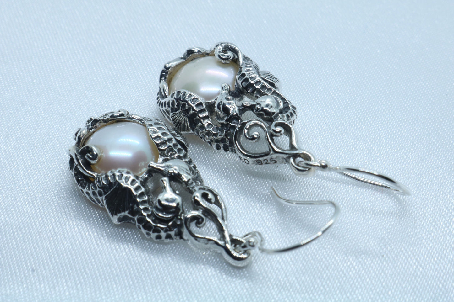 Seahorses Mabe White Pearl Silver Earrings