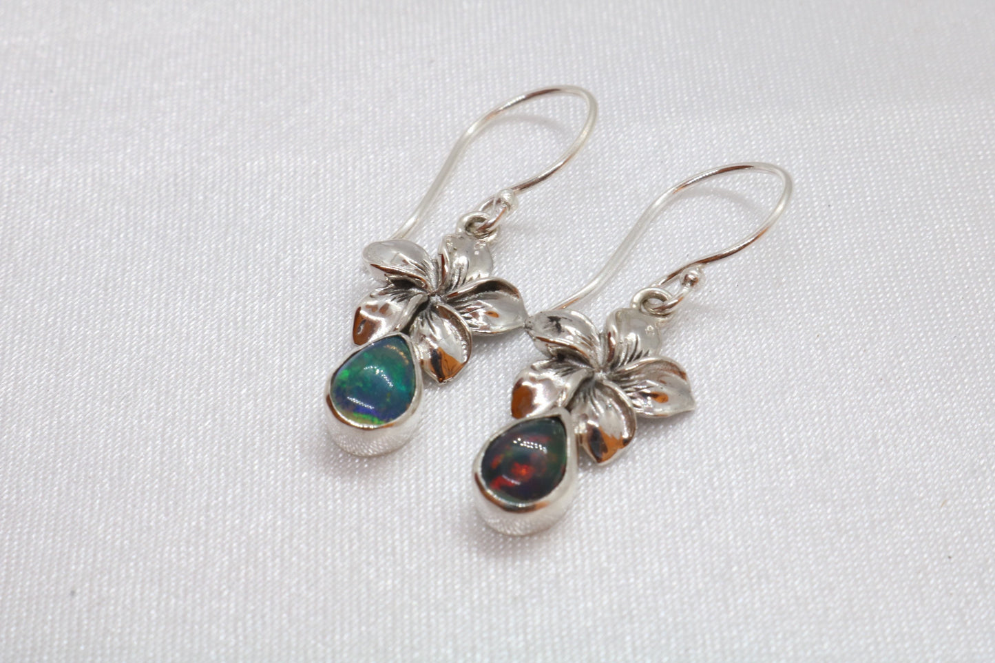 Opal Plumeria Flowers Silver Earrings