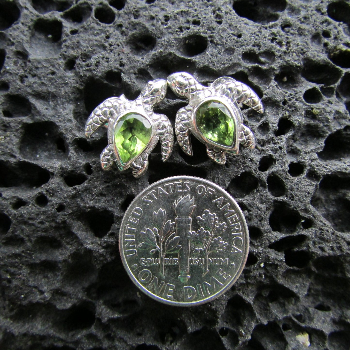 Sea Turtle Stud Earrings | Sterling Silver | Peridot | Ocean | Beach | Gift | Jewelry | Handmade | Unique