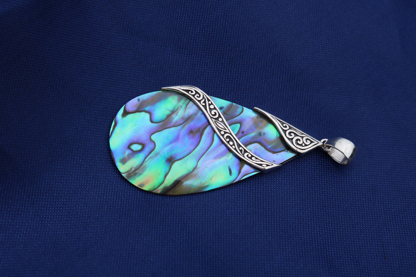 Abalone Paua Shell Teardrop Pendant Necklace Double Tribal Design. Sterling Silver.
