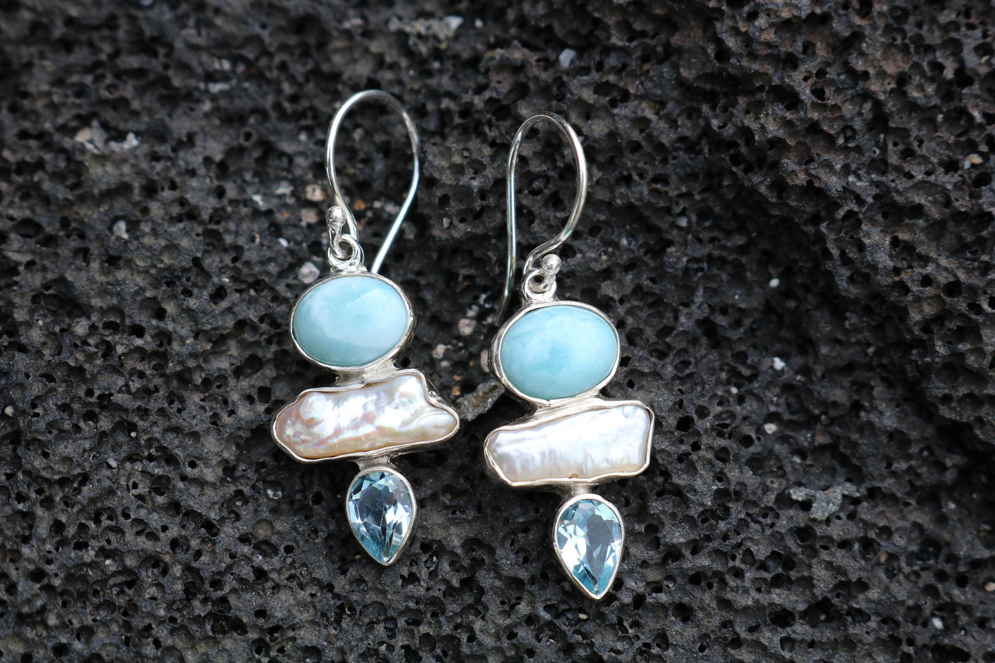 Larimar Pearl Blue Topaz Earrings. Sterling Silver.