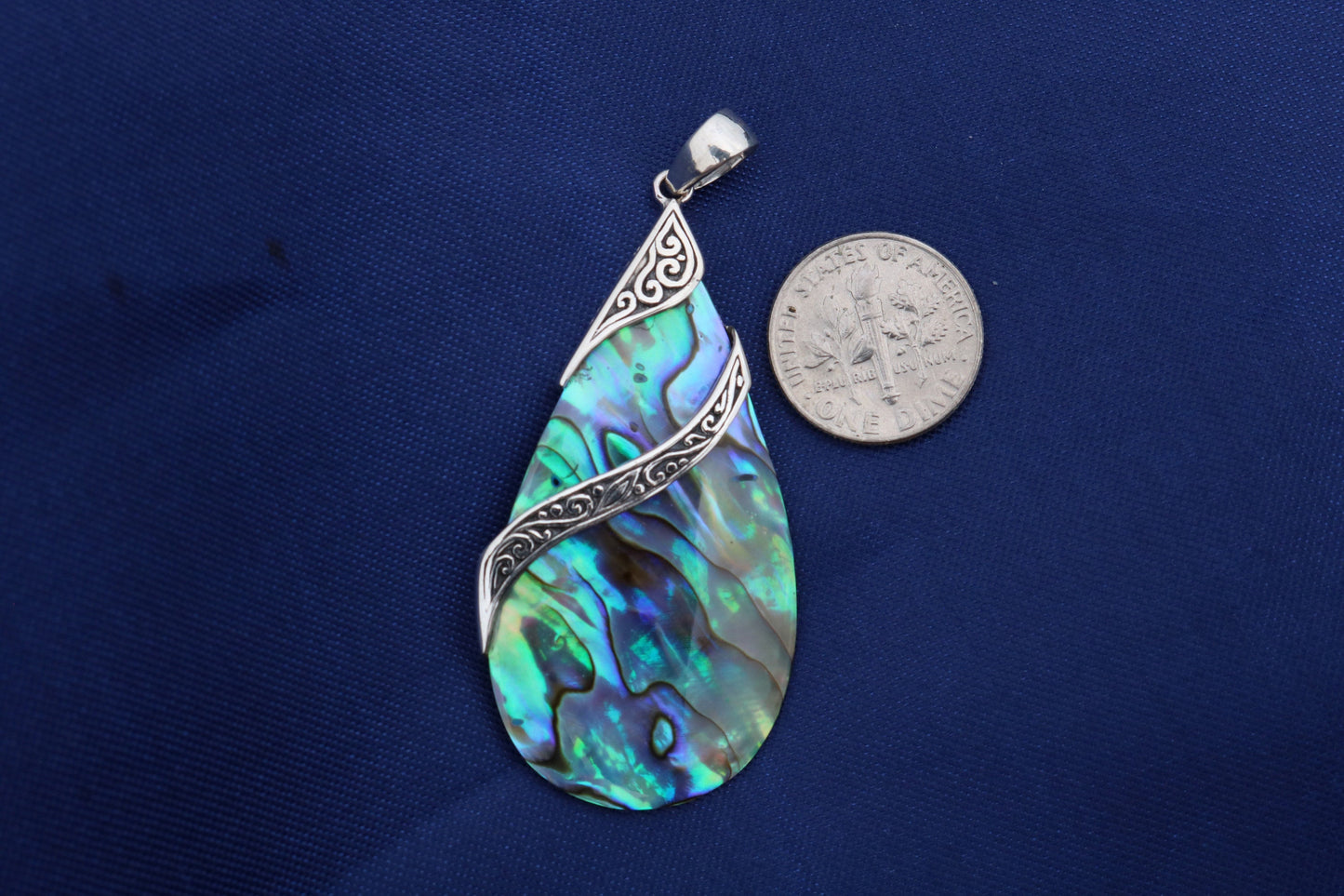 Abalone Paua Shell Teardrop Pendant Necklace Double Tribal Design. Sterling Silver.