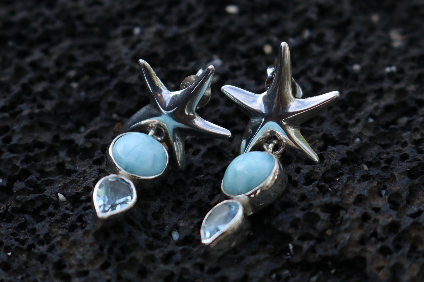 Starfish Larimar Blue Topaz Stud Earrings. Sterling Silver.