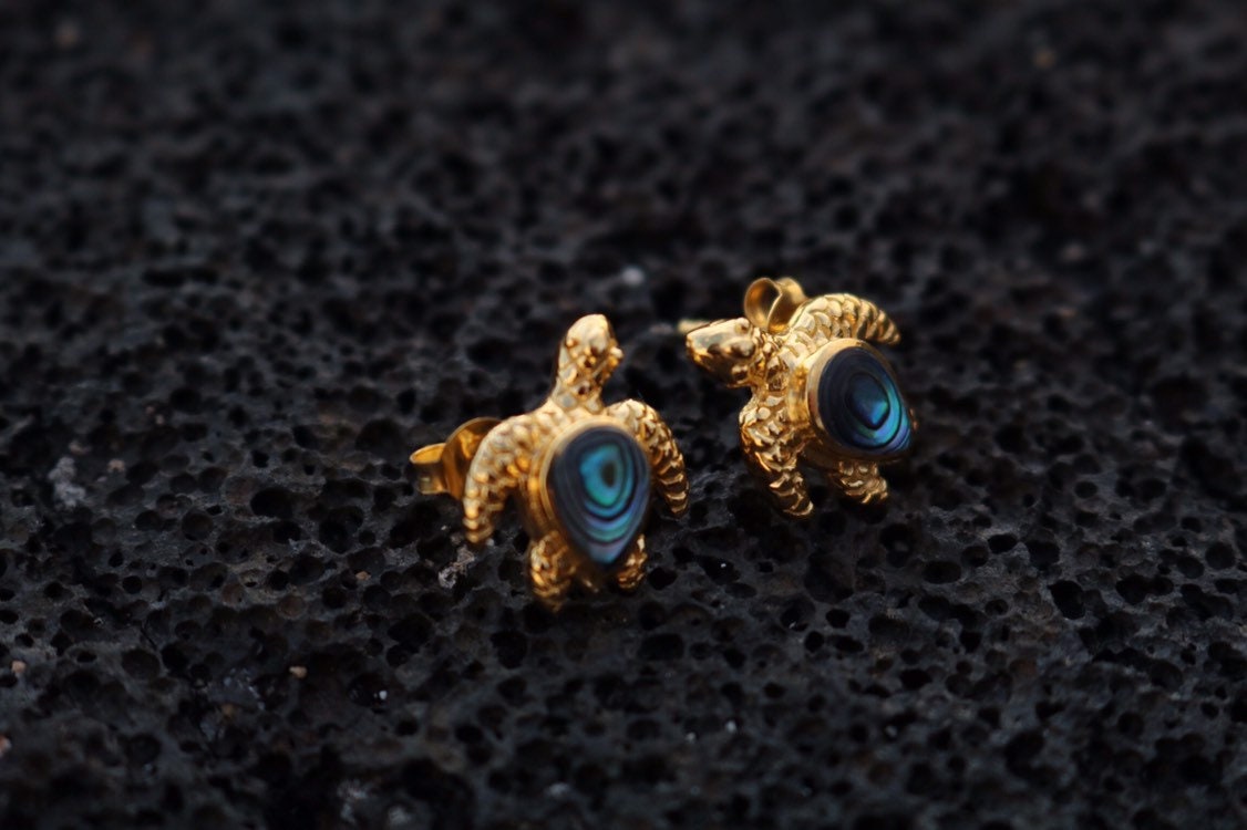 18K Vermeil Turtle Earrings Studs. Abalone Shell.