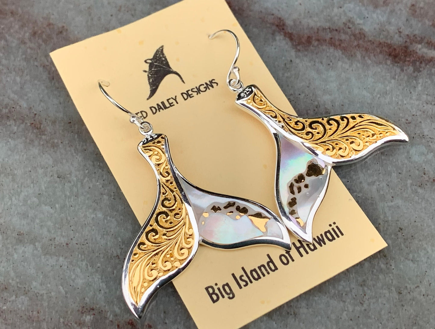 Hawaiian Islands Whale Tail Earrings. Kauai, Oahu, Maui, Big Island of Hawaii. Gold, Silver, Mother of Pearl.