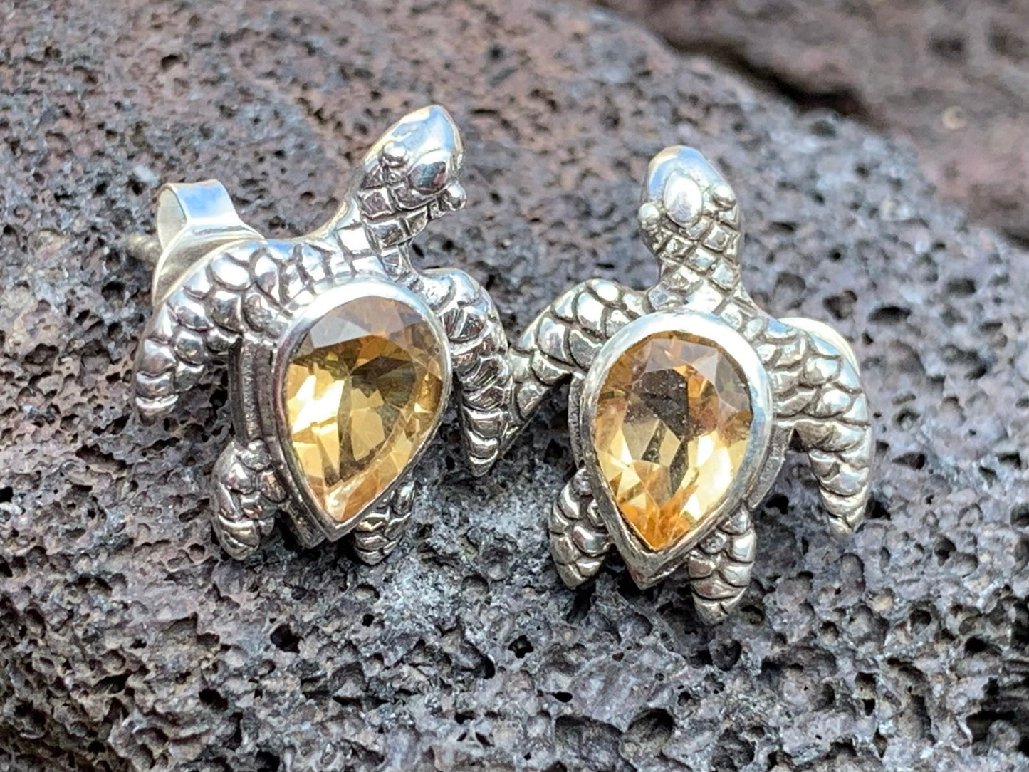 Turtle Charm Citrine Stud Earrings Sterling Silver