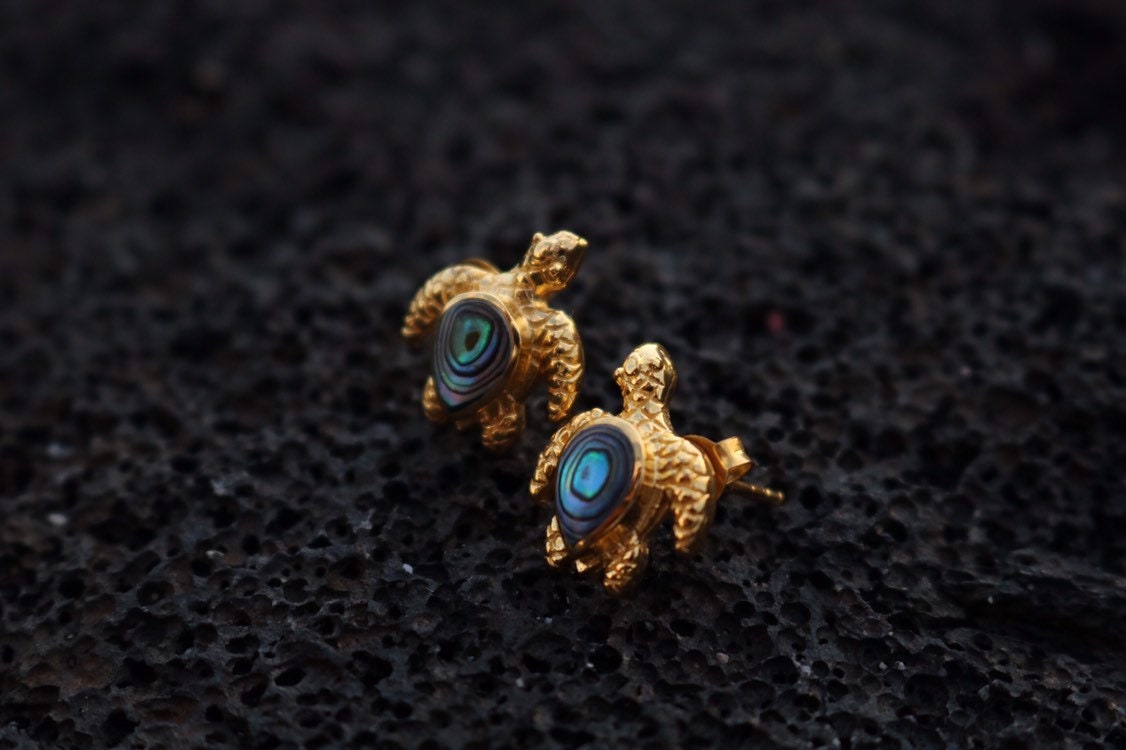 18K Vermeil Turtle Earrings Studs. Abalone Shell.