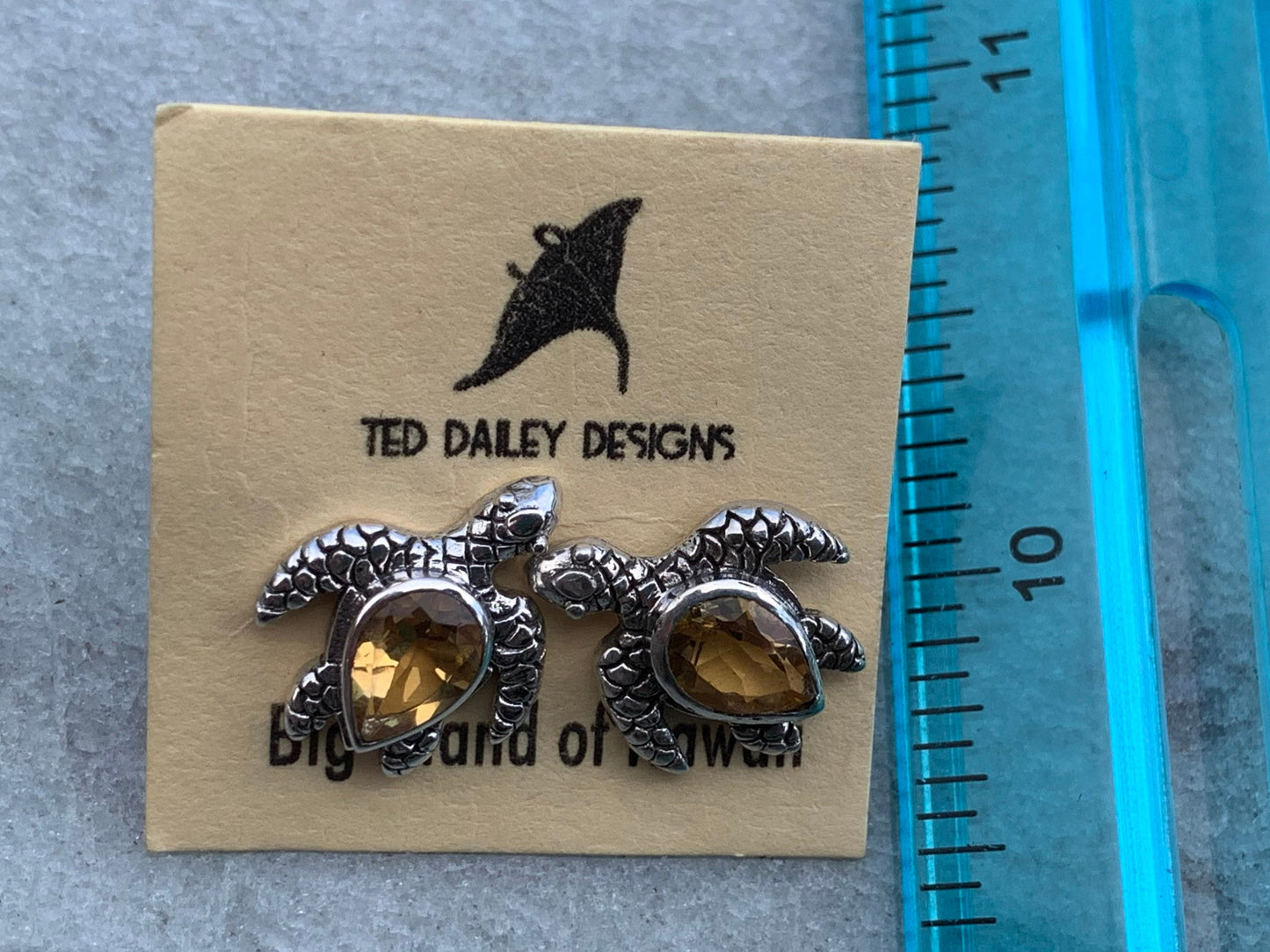 Turtle Charm Citrine Stud Earrings Sterling Silver