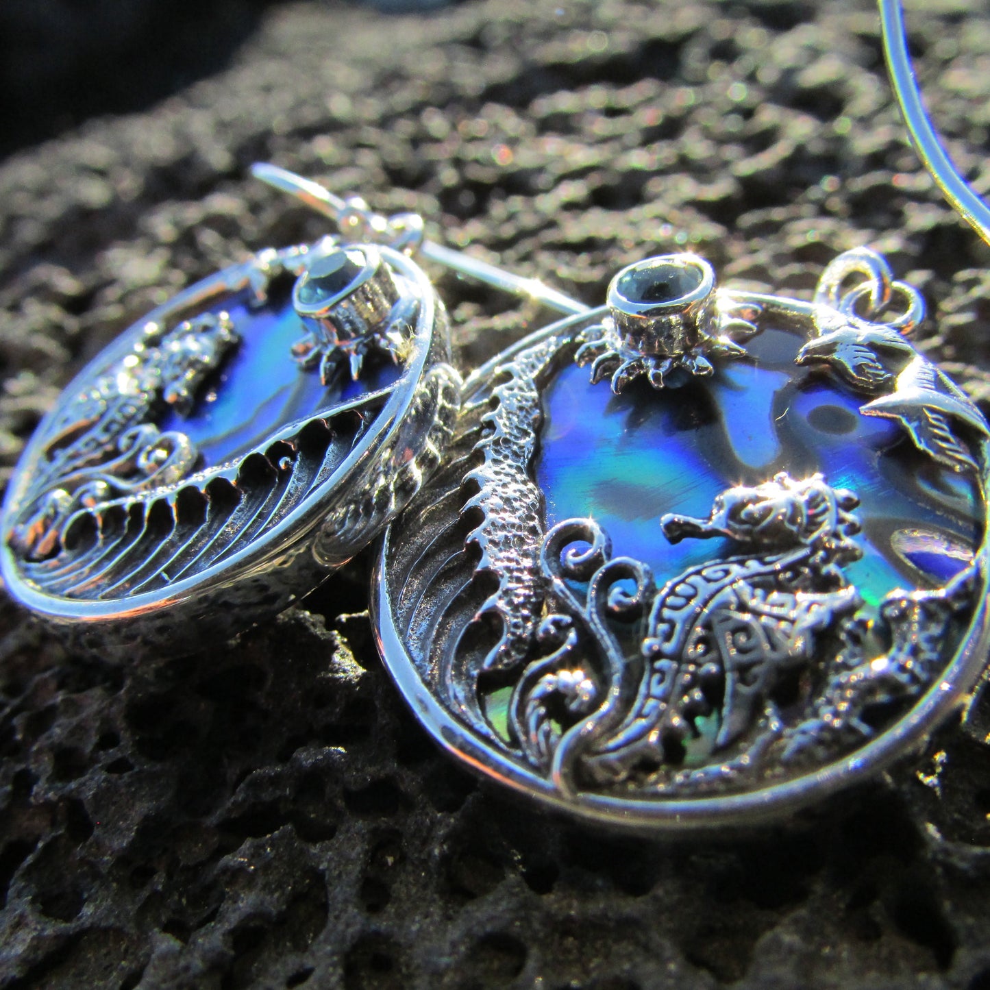 Seahorse Wave Earrings | Blue Topaz | Paua Shell | Sterling Silver | Ocean | Beach | Gift | Jewelry | Handmade | Unique