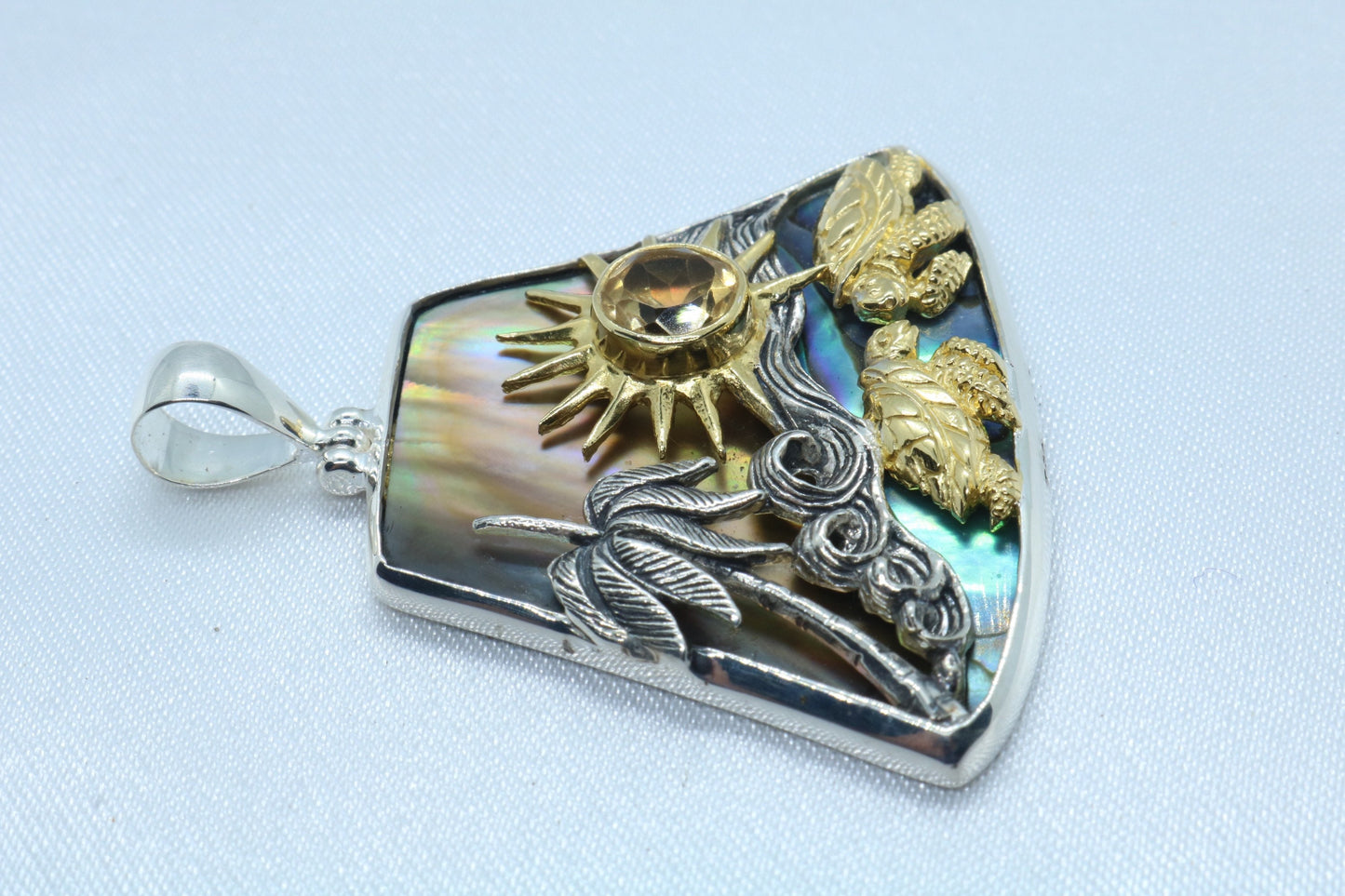 Sun Wave Beach Palm Tree Turtle Play Necklace Pendant. Silver, Gold, Abalone Shell, Citrine.