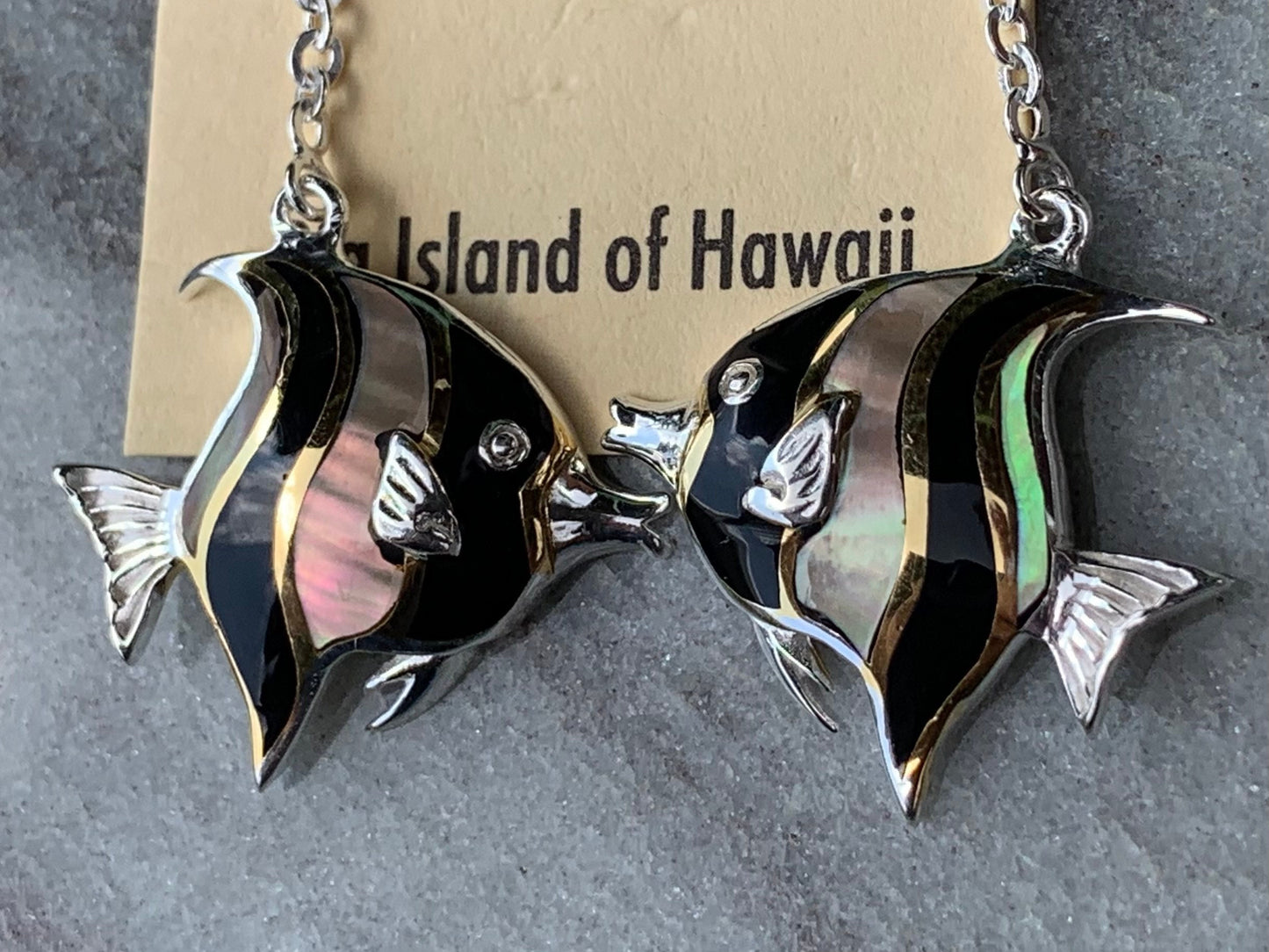 Fish Moorish Idol Hawaiian Tropical Earrings. Sterling Silver, Mother of Pearl.