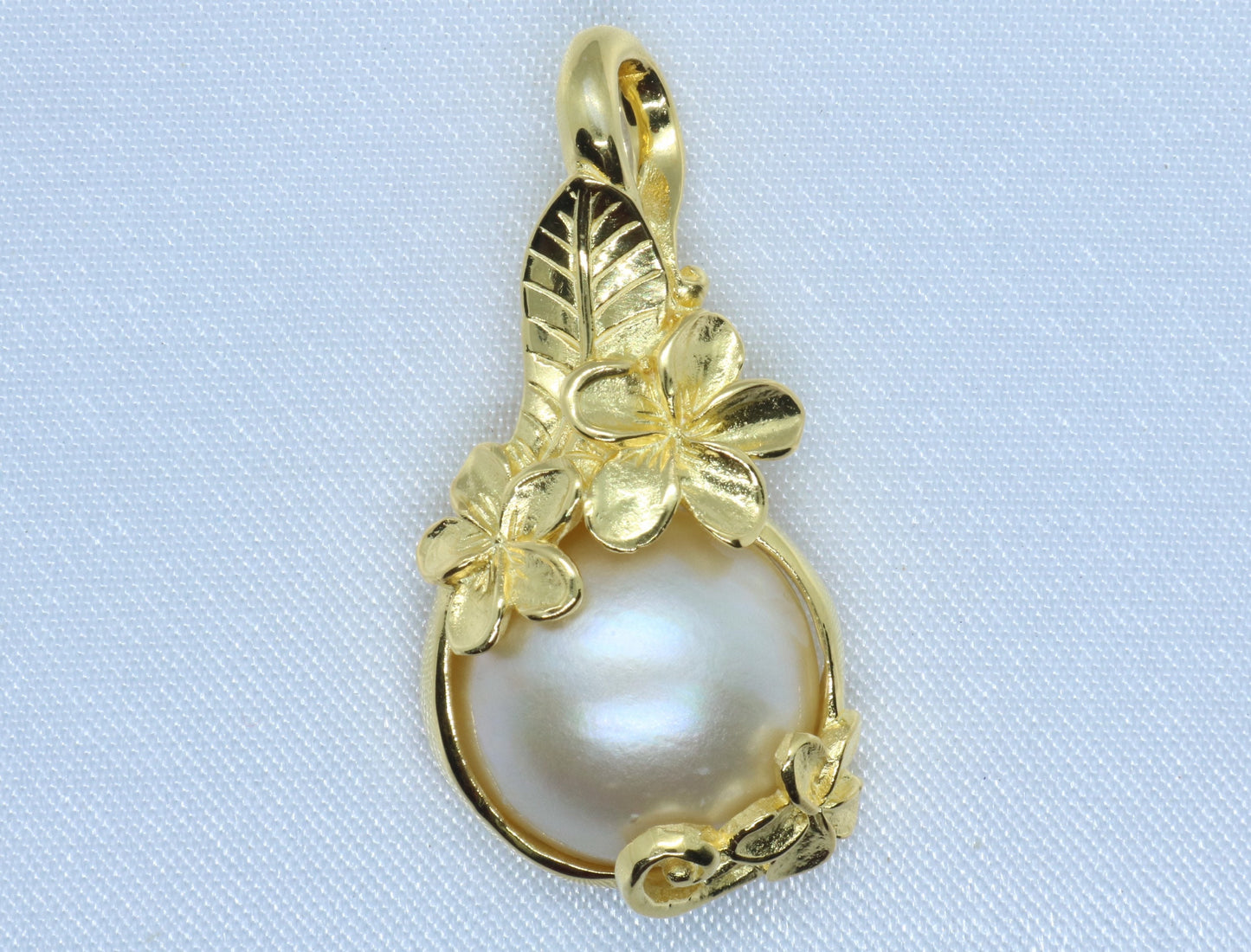 Plumeria Flower 18k Gold Vermeil Mabe White Pearl Necklace Pendant