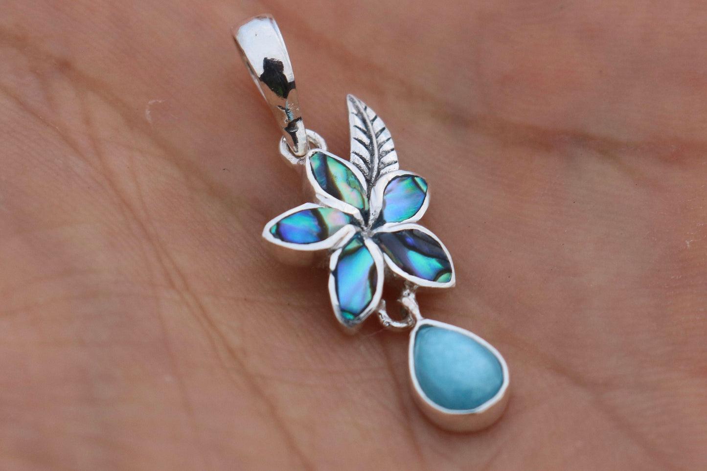 Plumeria Flower Larimar Teardrop Charm Pendant Necklace. Sterling Silver, Abalone Shell.