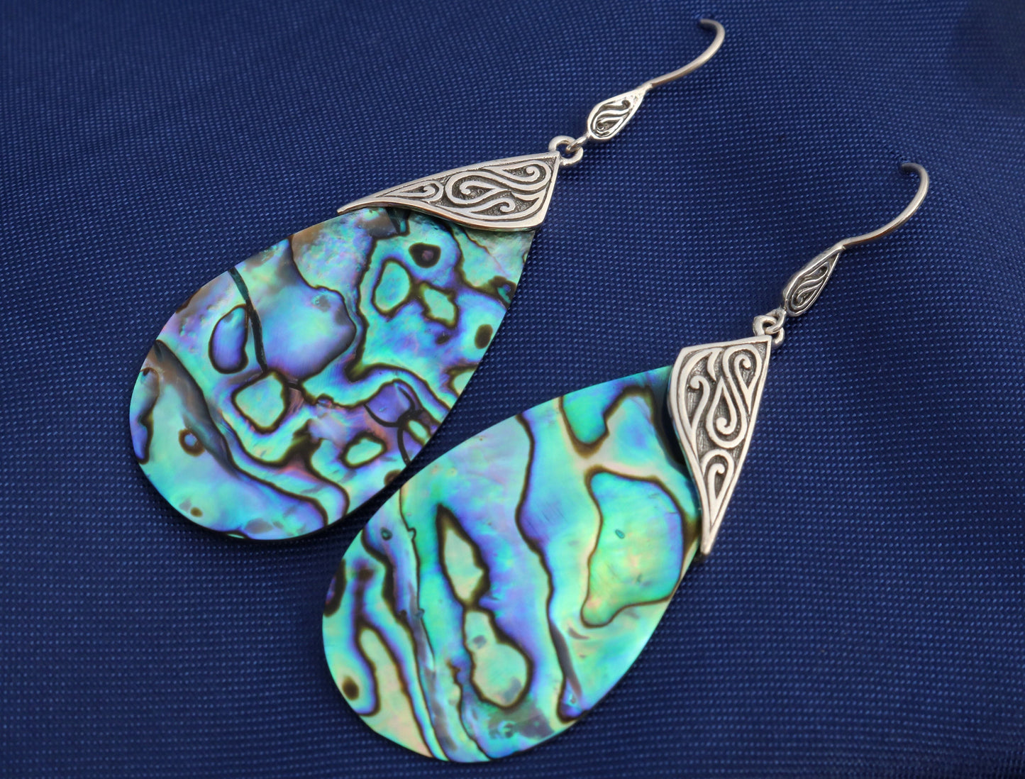 Abalone Shell Teardrop Earrings Tribal Design. Sterling Silver.
