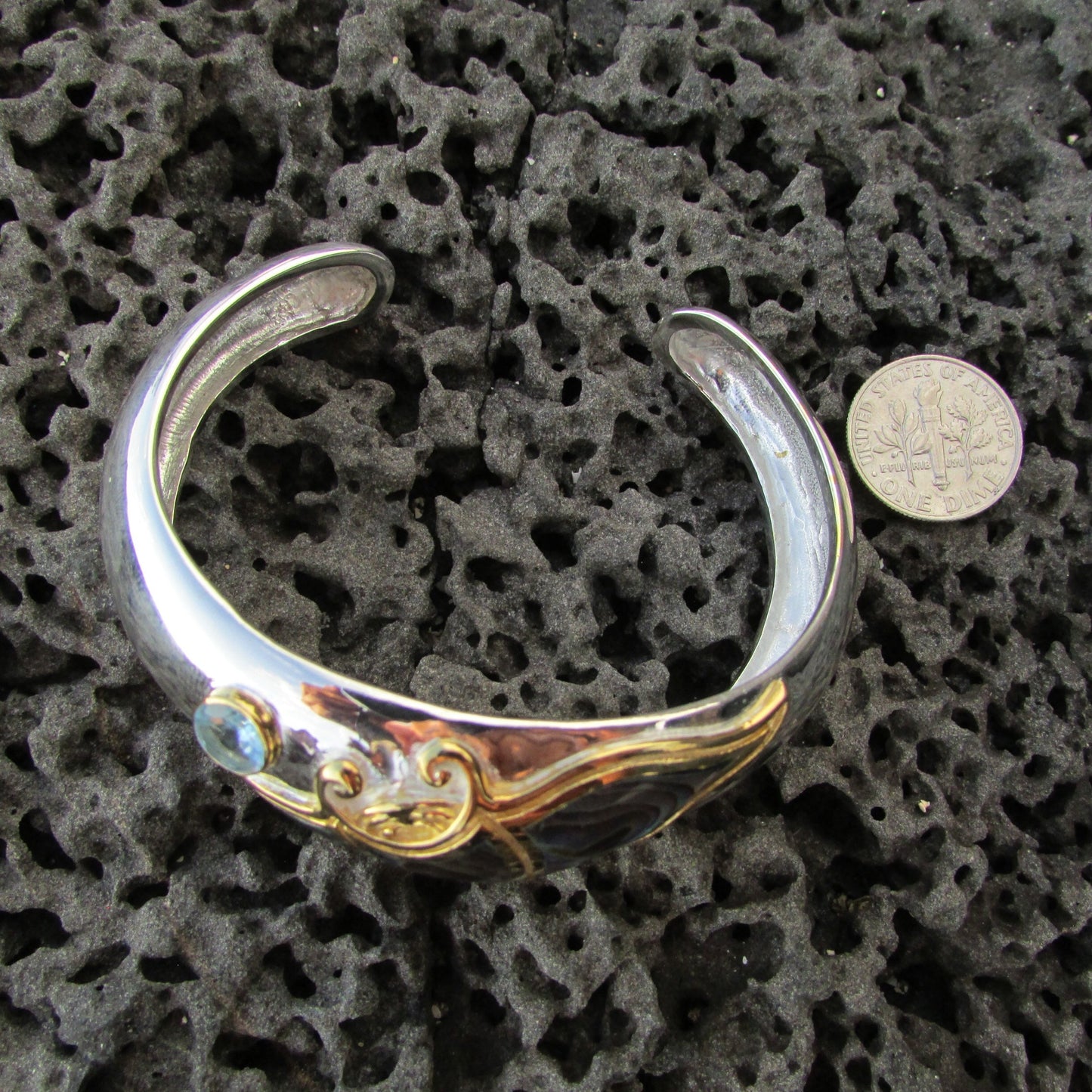 Manta Ray Cuff Bracelet. Sterling Silver, 18K Gold Vermeil Plated, Blue Topaz