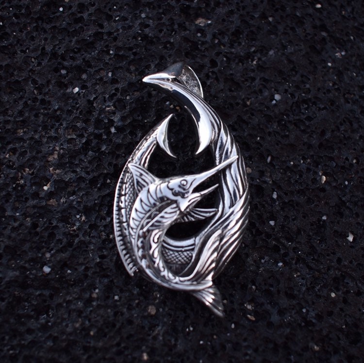 Fishing Hook Necklace Pendant with Marlin. Sterling Silver.