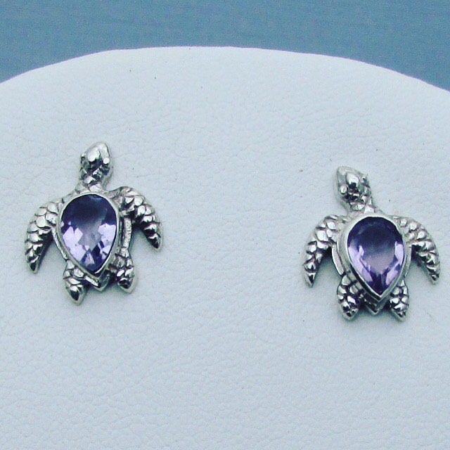Sea Turtle Stud Earrings | Amethyst | Sterling Silver | Ocean | Beach | Gift | Jewelry | Handmade | Unique