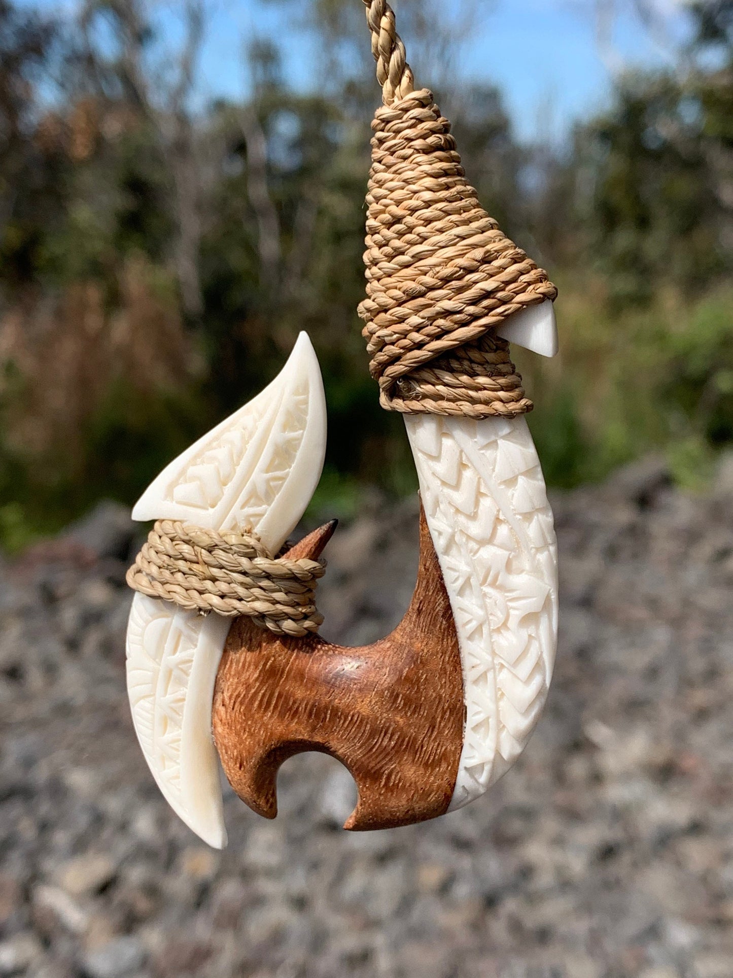 Hawaiian Maui Makau Traditional Native Fish Hook Necklace Pendant. Wood and bone carved.