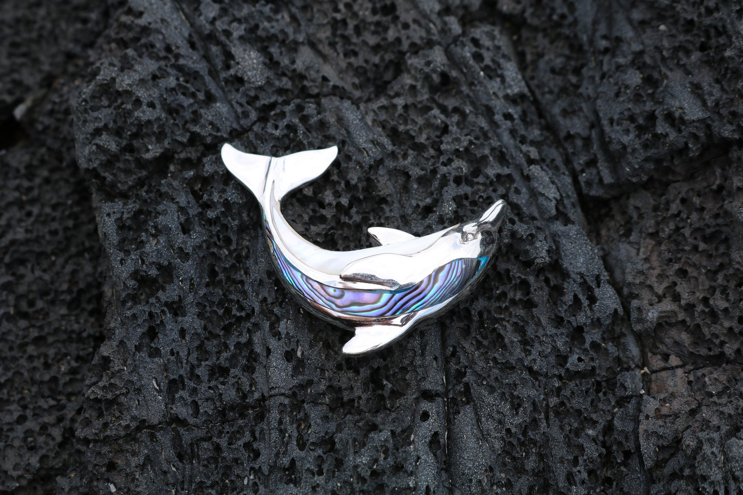 Aumakua Dolphin Necklace Pendant. Abalone Paua Shell, Mother of Pearl, Sterling Silver.