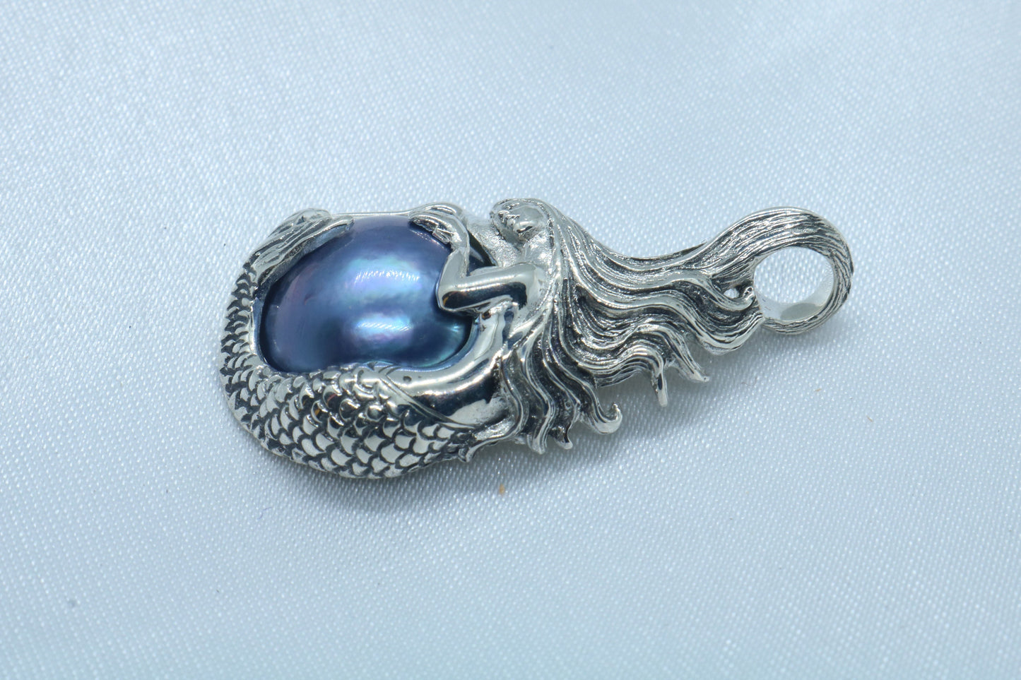 Mermaid Blue Mabe Pearl Silver Pendant Necklace