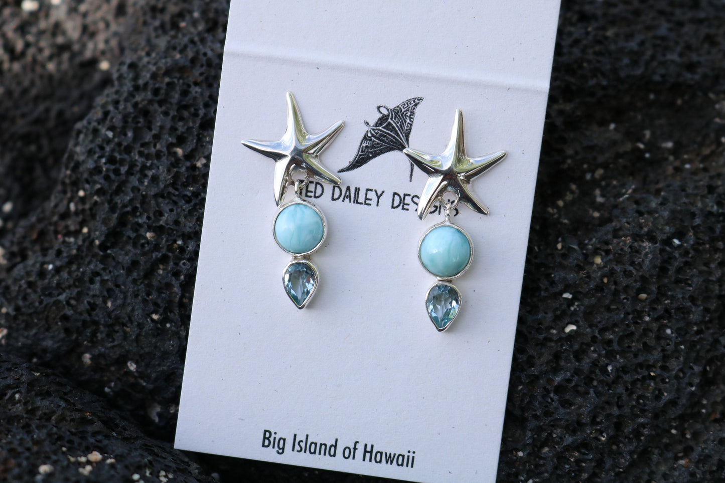 Starfish Larimar Blue Topaz Stud Earrings. Sterling Silver.