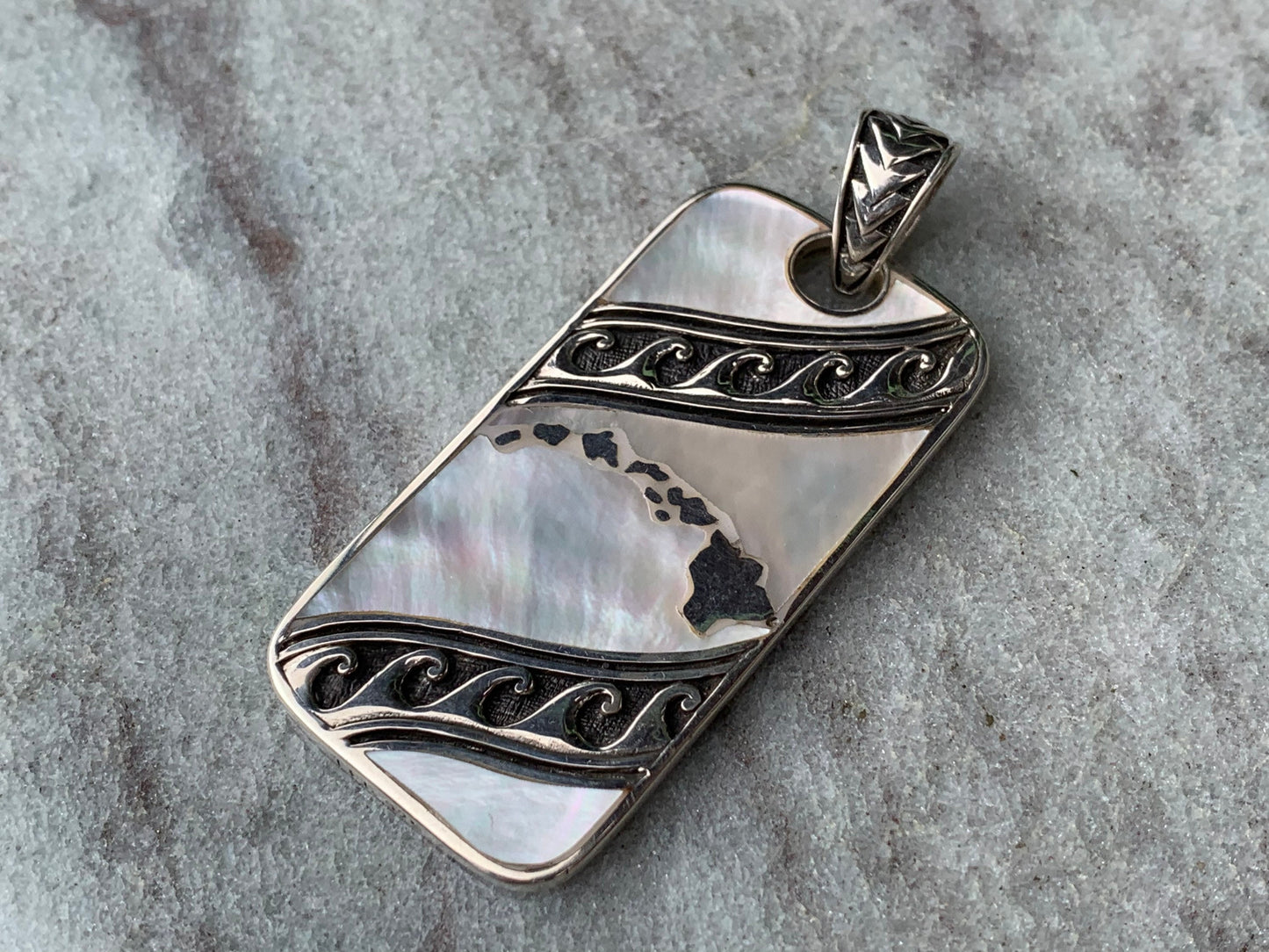 Hawaiian Islands Tribal Design Pendant Necklace. Sterling Silver, Mother of Pearl.
