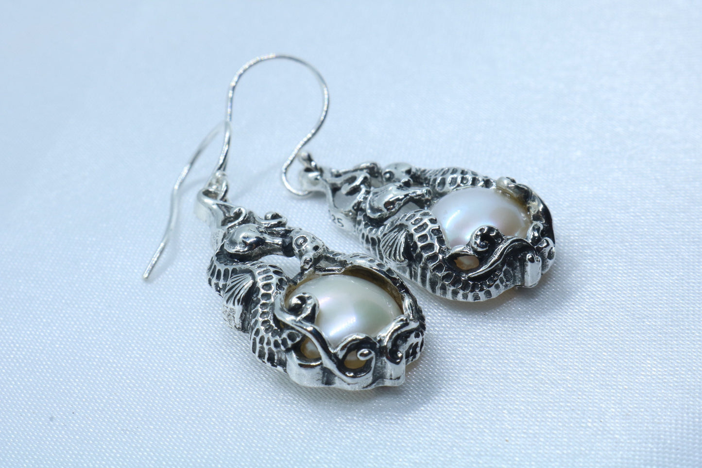 Seahorses Mabe White Pearl Silver Earrings