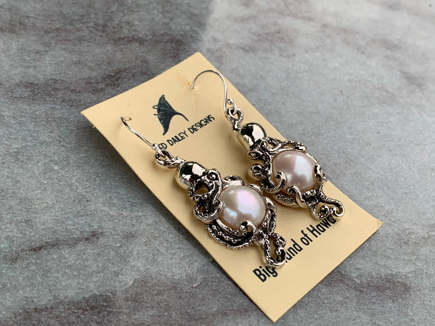 Octopus White Mabe Pearl Silver Earrings