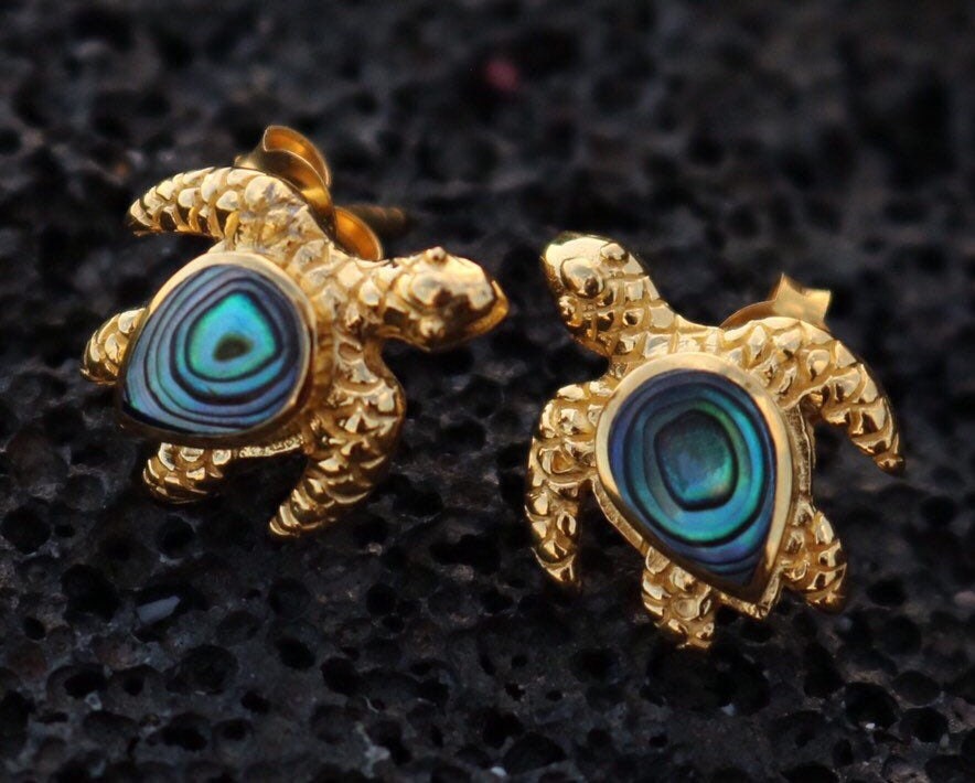 18K Vermeil Turtle Earrings Studs. Abalone Shell.
