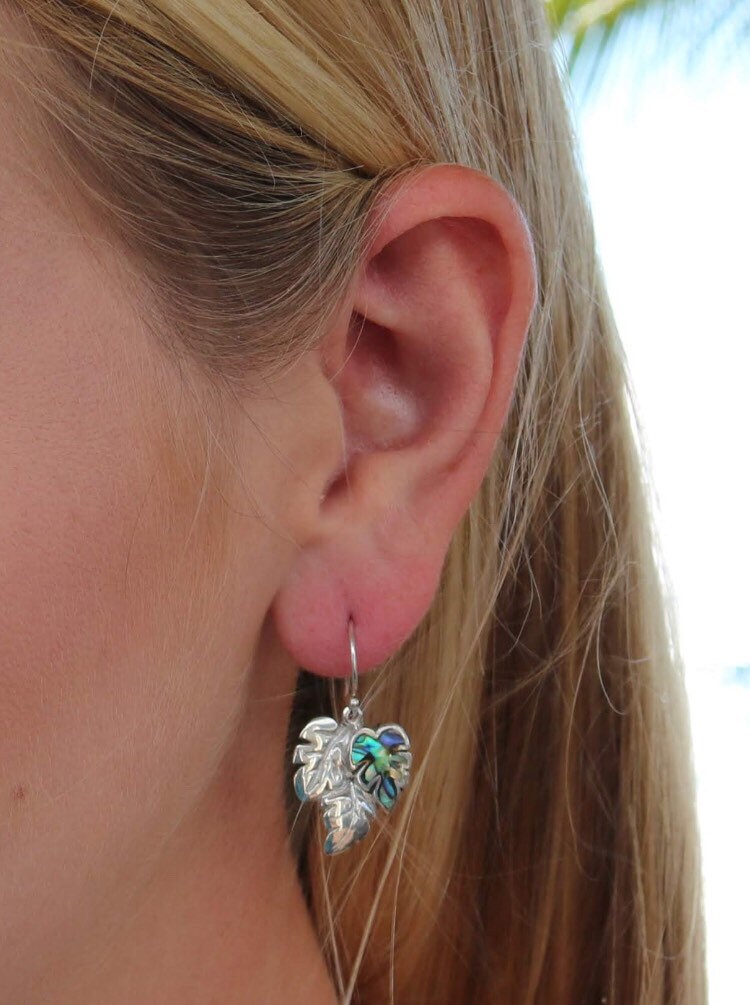 Monstera Leaf Earrings | Paua Shell | Sterling Silver | Ocean | Beach | Gift | Jewelry | Handmade | Unique