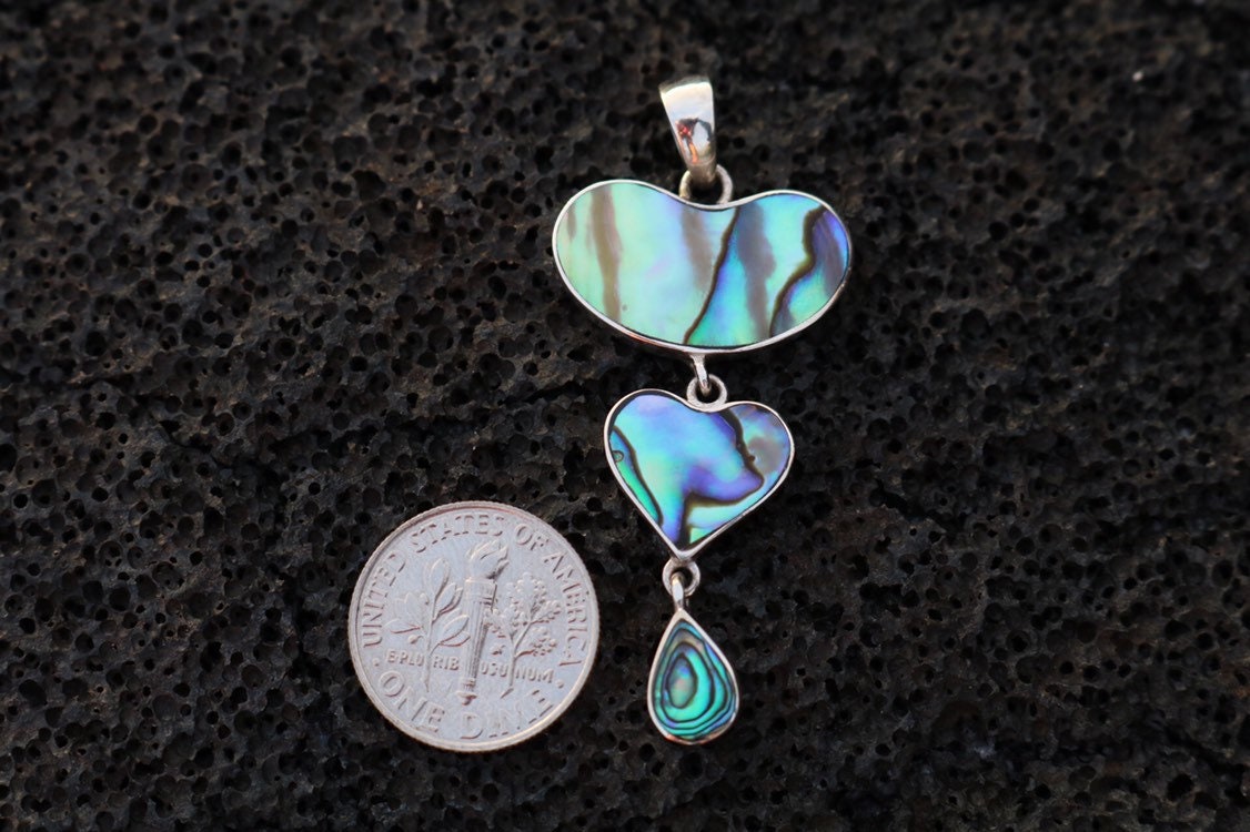 Teardrop Heart Necklace Pendant. Sterling Silver, Abalone Shell.