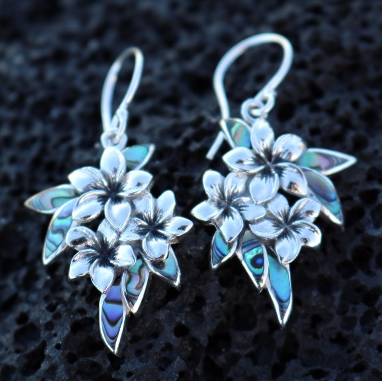 Plumeria Flowers Earrings. Abalone Paua Shell, Sterling Silver.