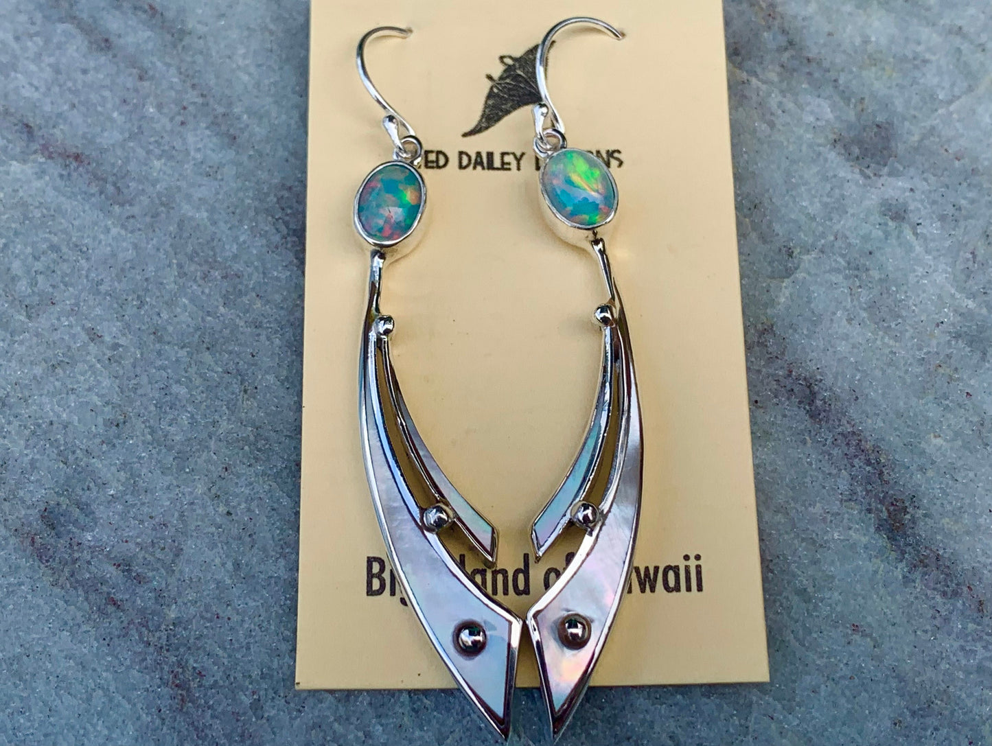 Opal Ocean Wave Earrings. Mother of Pearl, Sterling Silver.