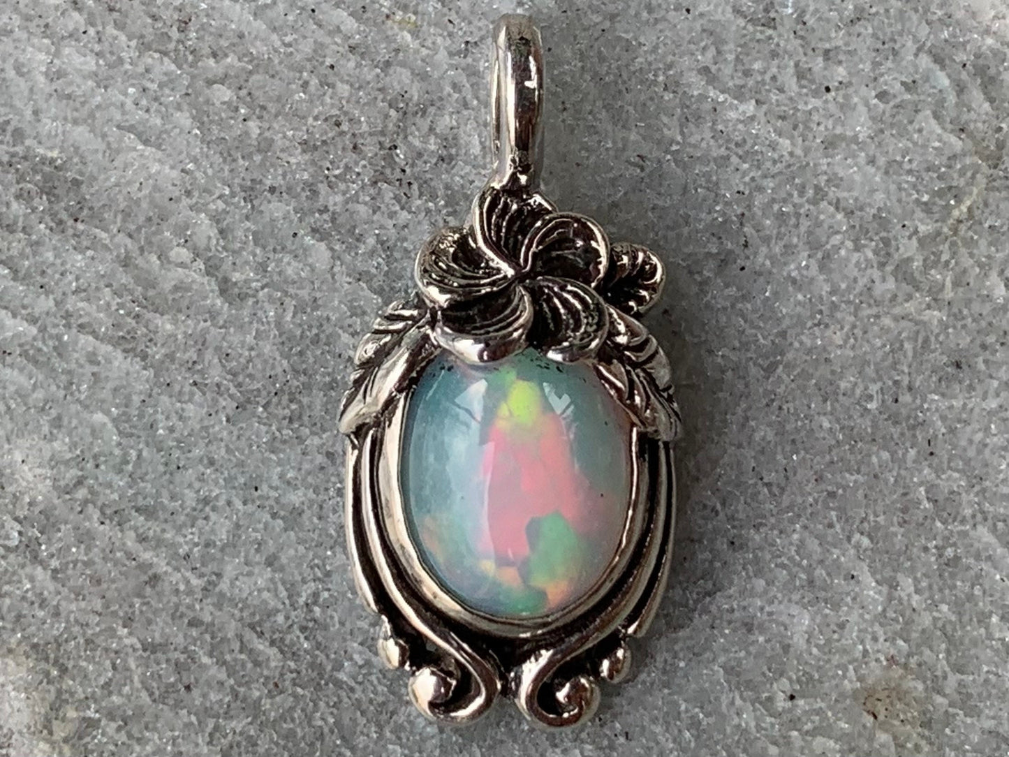 Opal Plumeria Flower Necklace Pendant. Sterling Silver.