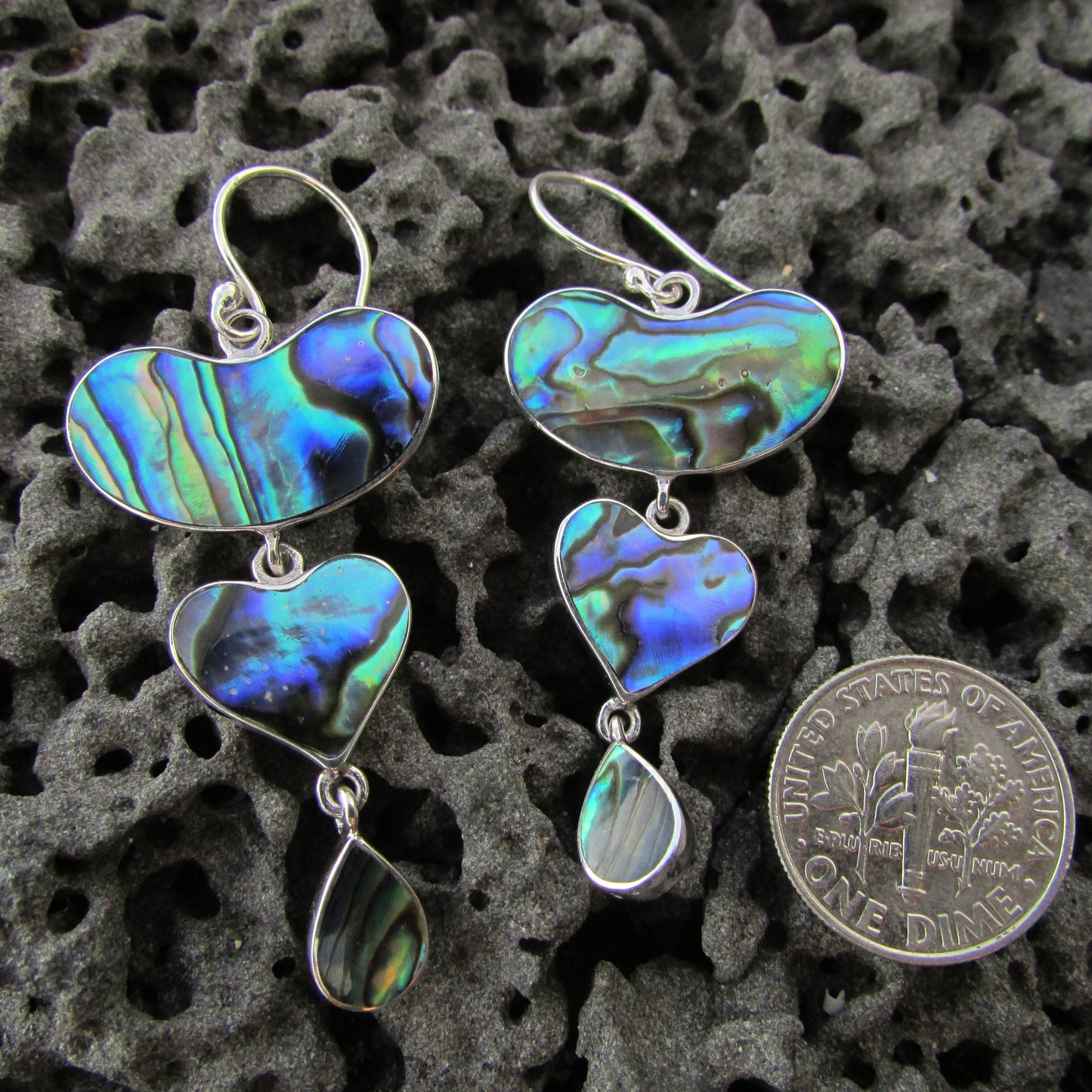 Heart Teardrop Earrings. Abalone Paua Shell. Sterling Silver.