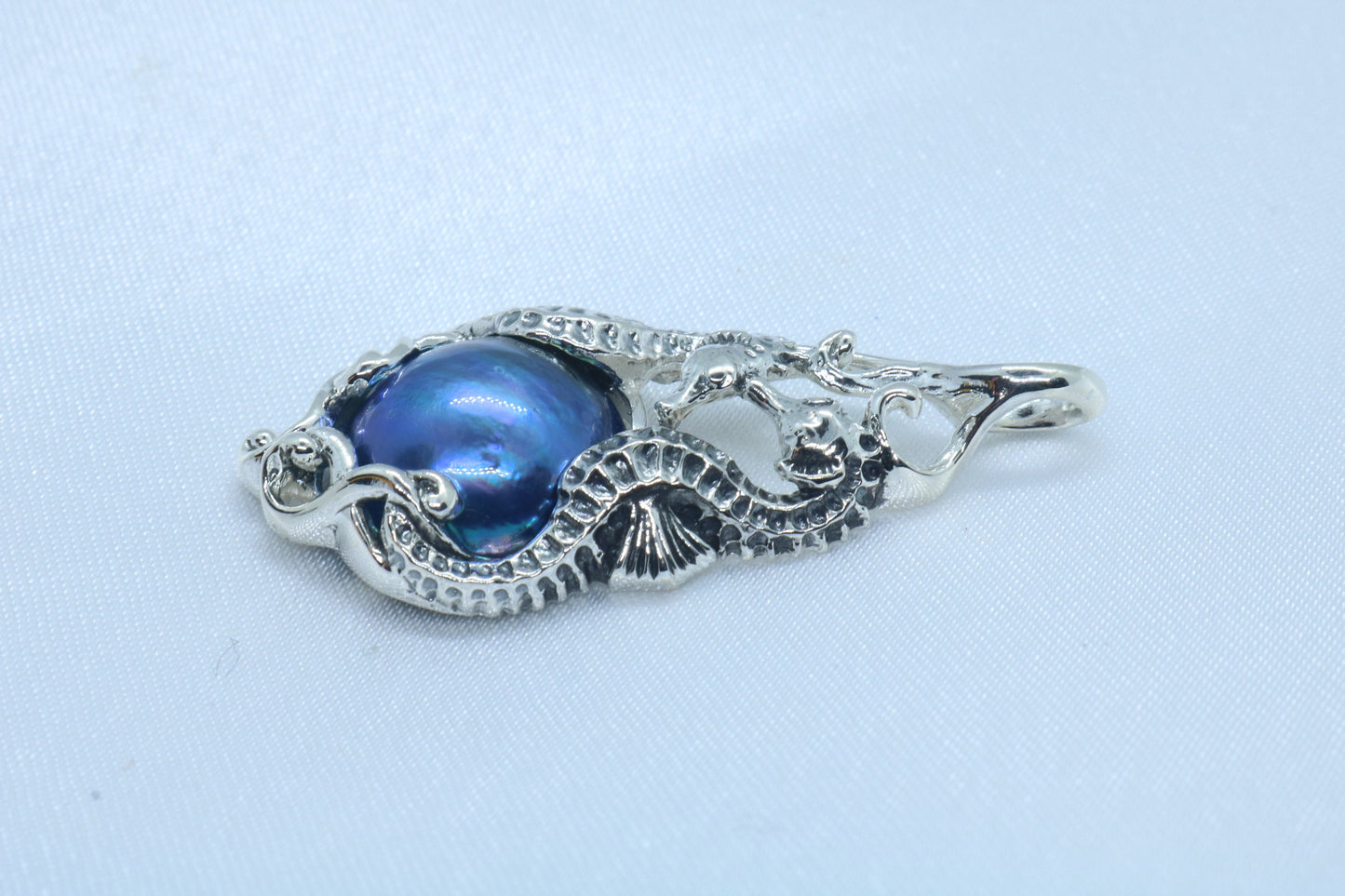 Seahorse Blue Mabe Pearl Silver Pendant Necklace